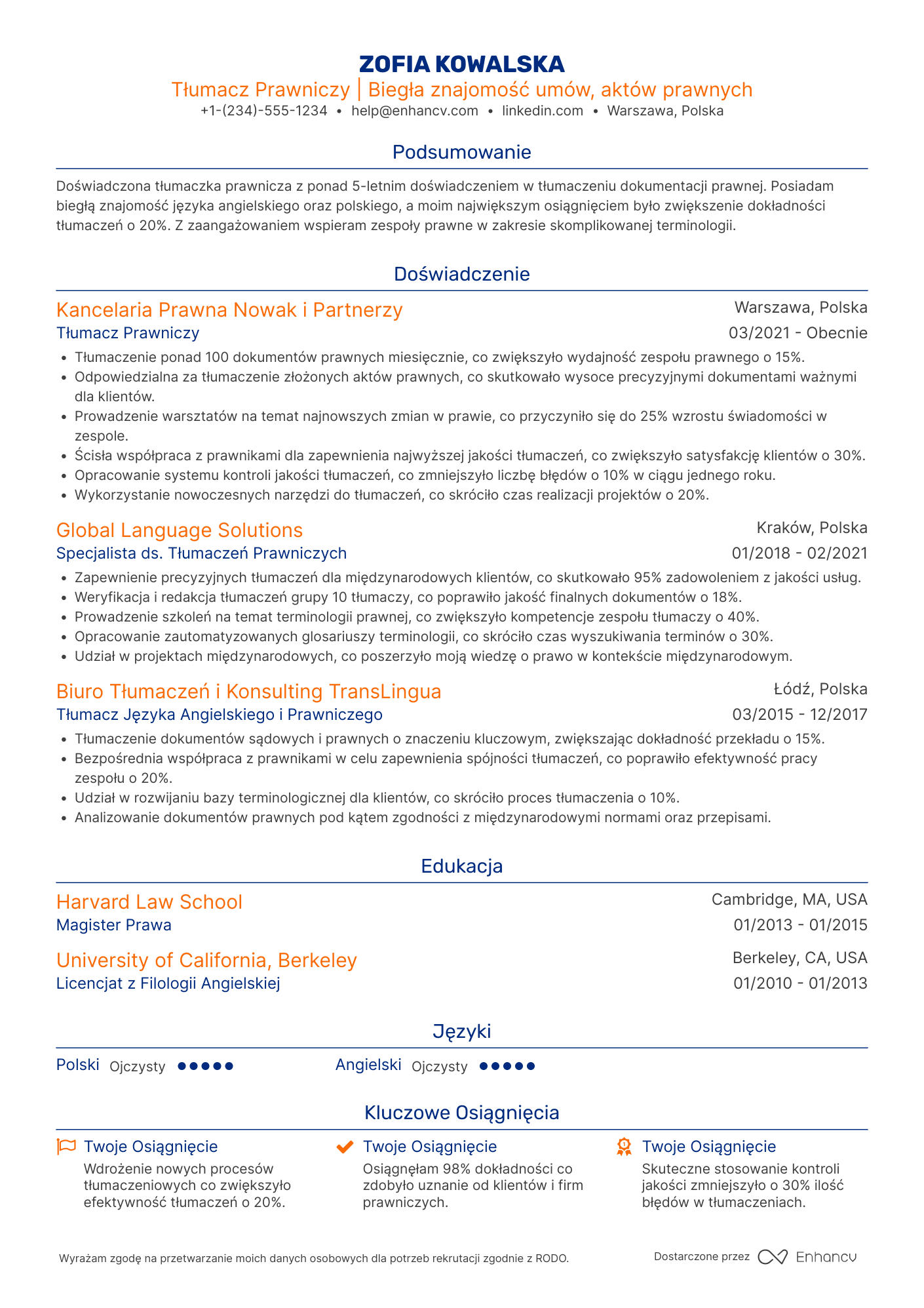 CV dla Tłumacz Prawniczy