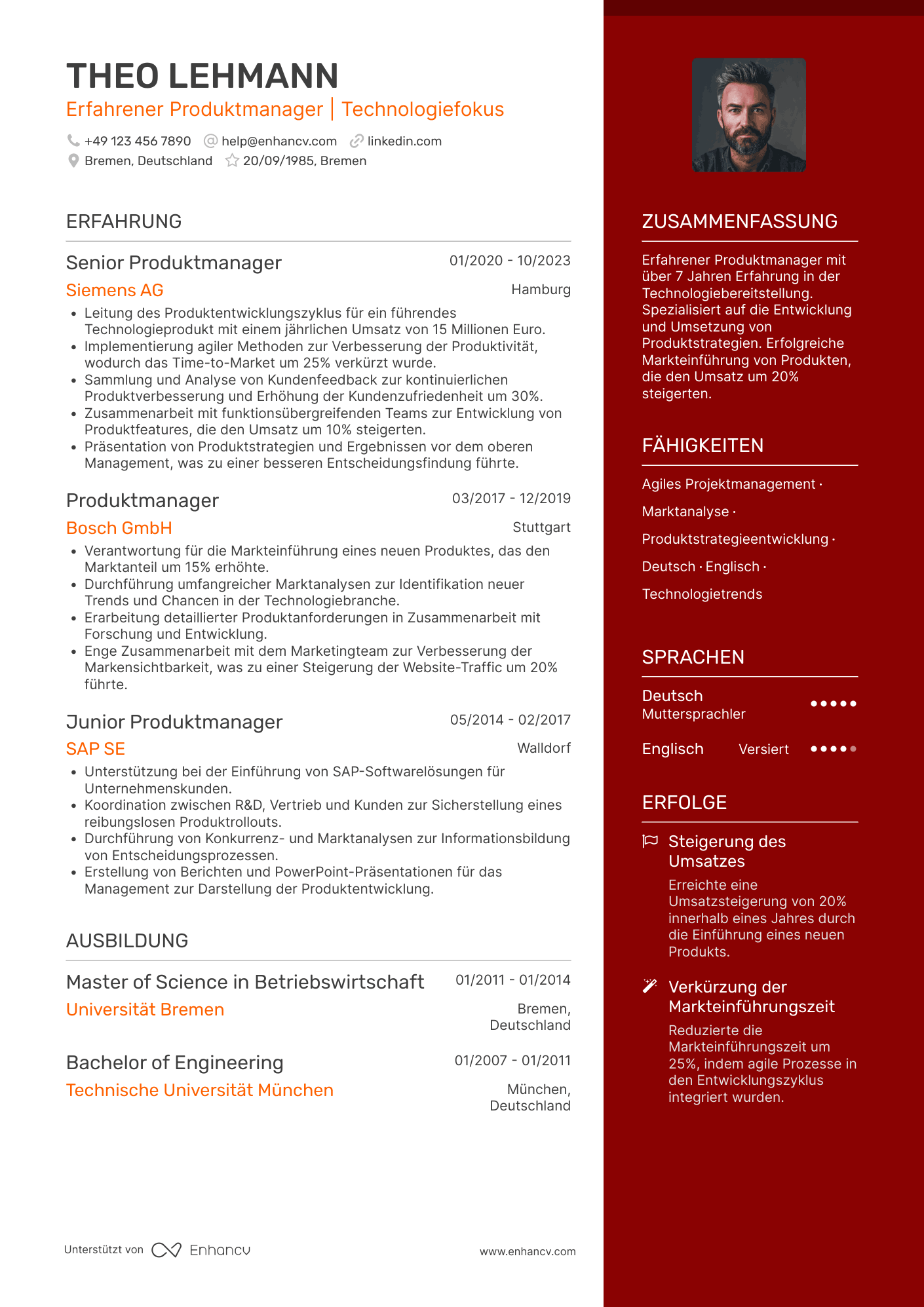 Lebenslauf als Erfahrener Produktmanager