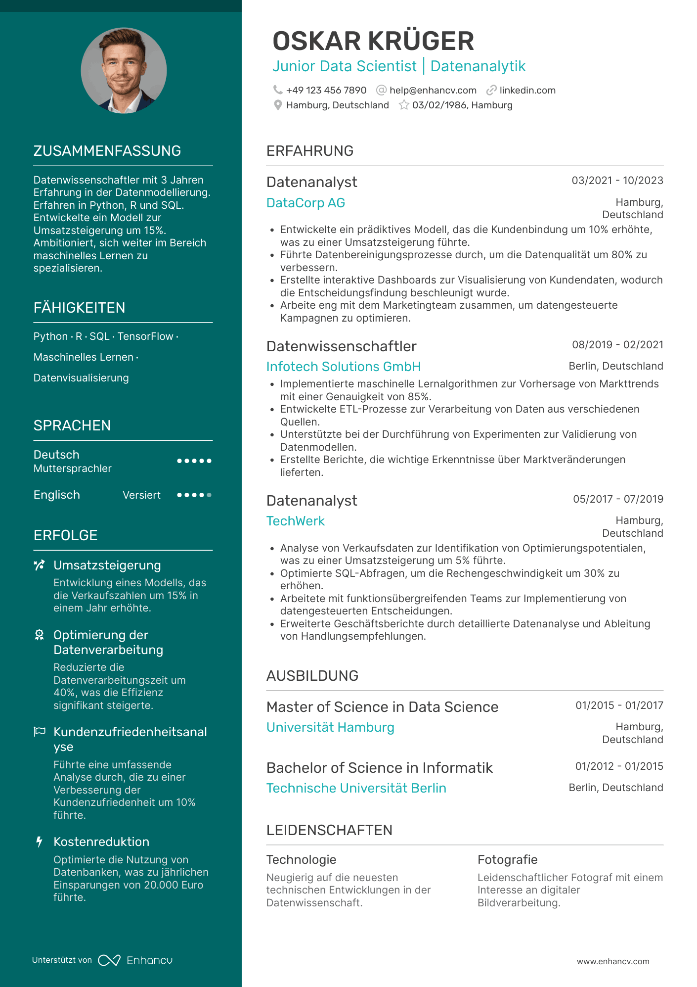 Lebenslauf als Einstiegsniveau Datenwissenschaftler