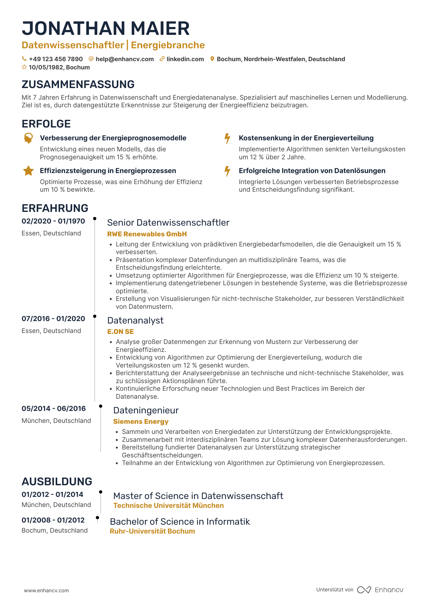 Lebenslauf in Datenwissenschaftler für Energiebranche