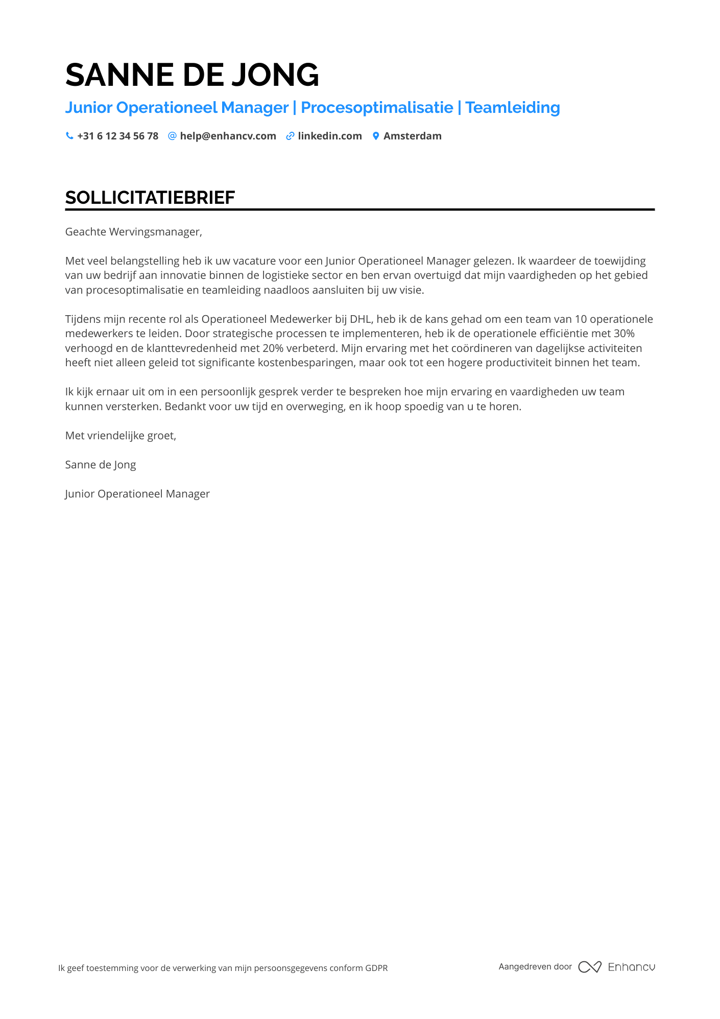 Sollicitatiebrief voor Junior Operationeel Manager