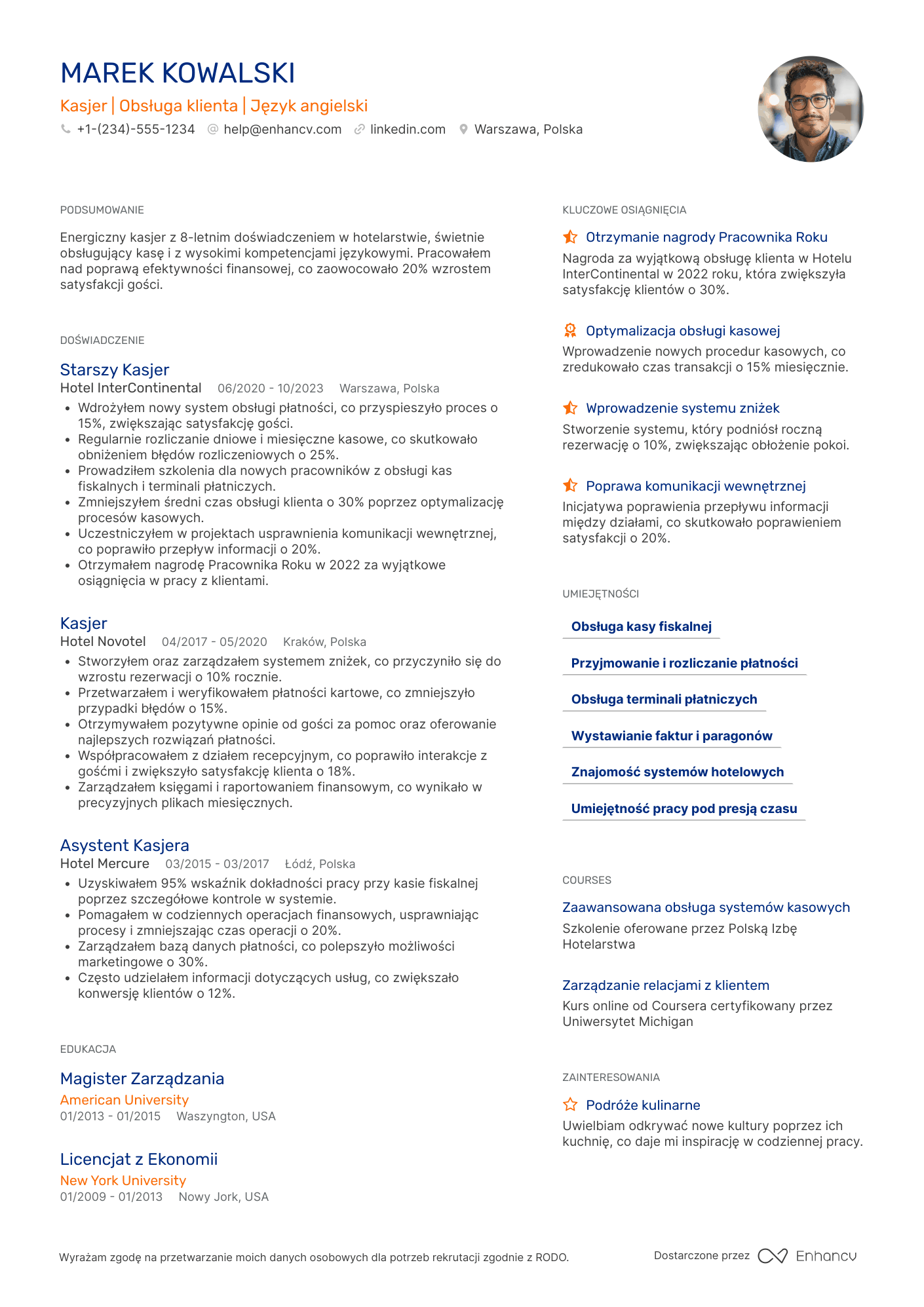 CV dla Kasjer w Hotelu