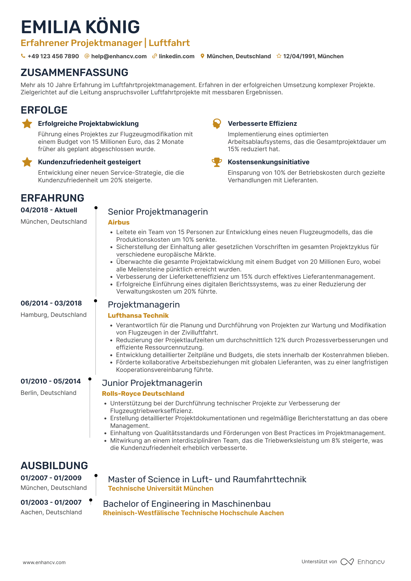 Lebenslauf in Projektmanager in der Luftfahrt