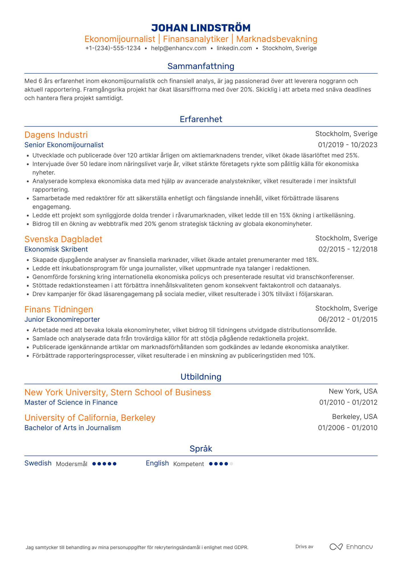 CV för Ekonomijournalist
