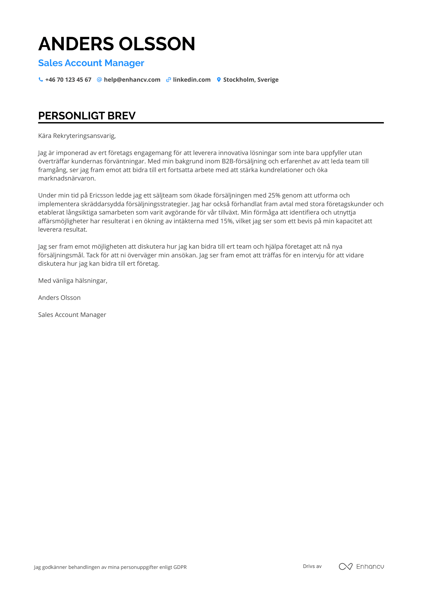 Personligt brev för Sales Account Manager