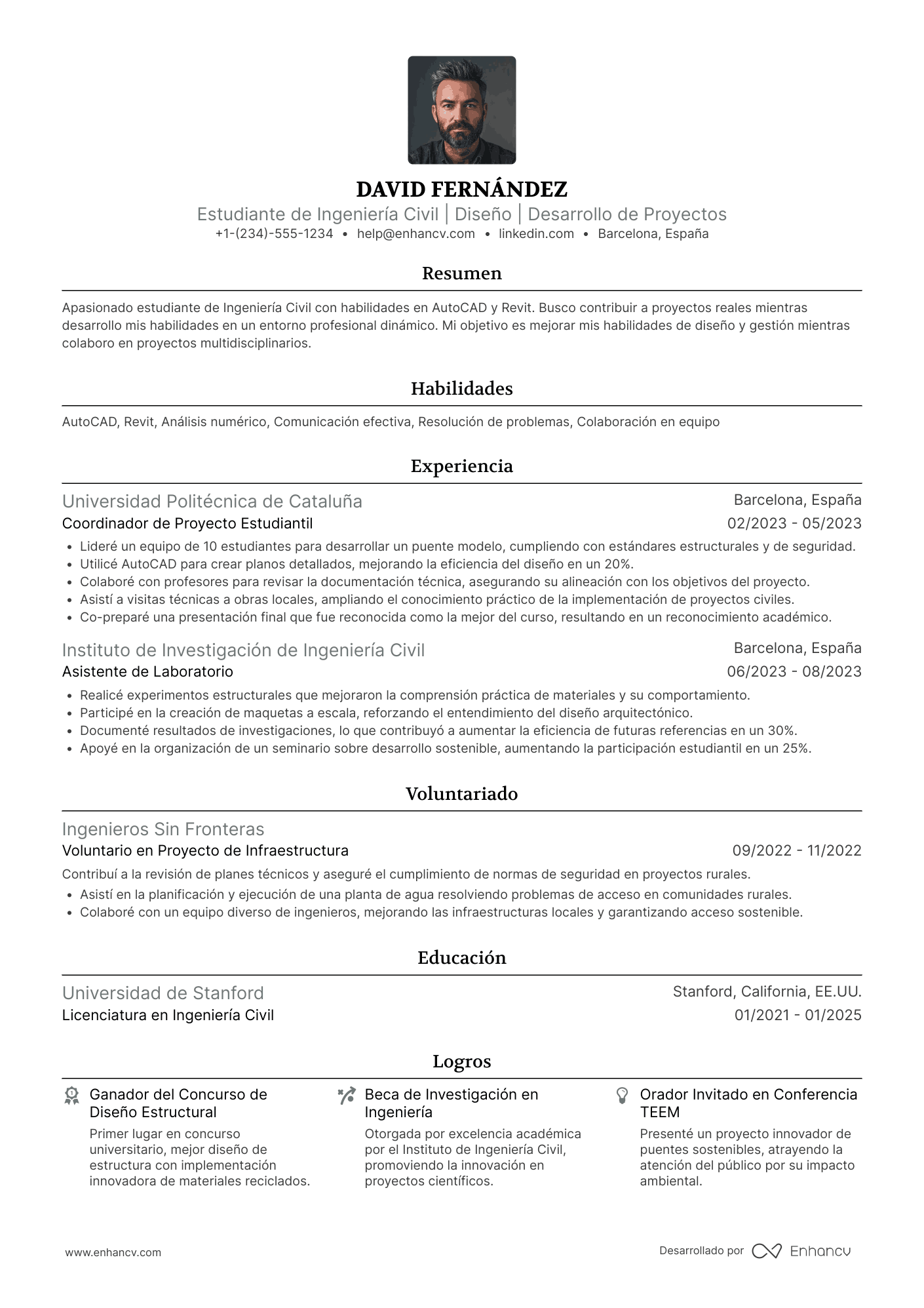 CV de estudiante de ingeniería civil
