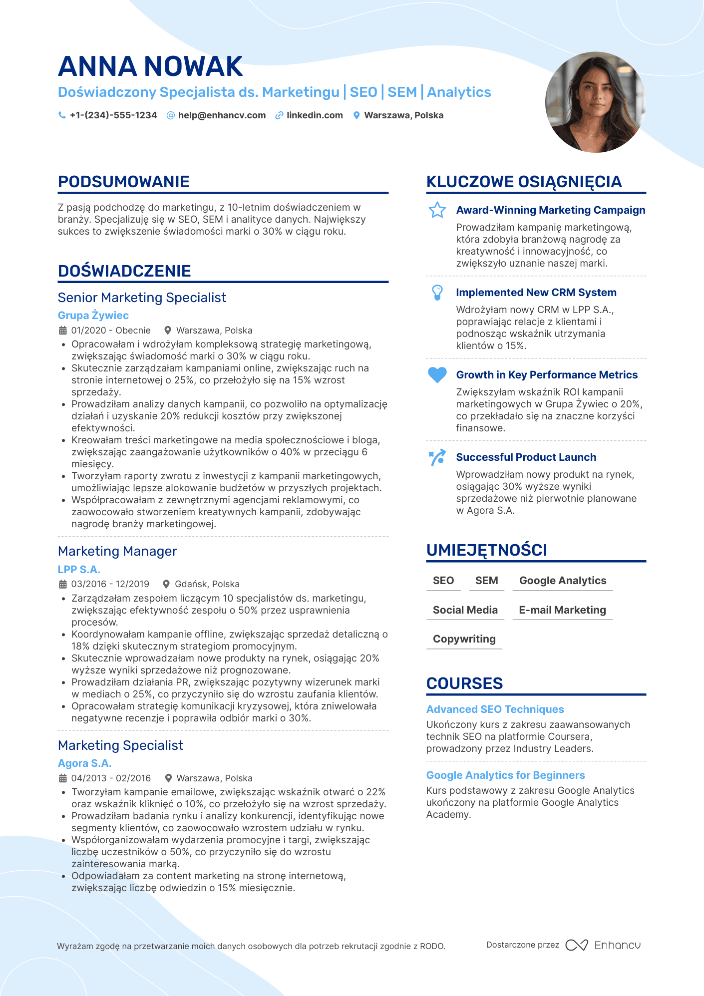 CV dla Doświadczony Specjalista ds. Marketingu