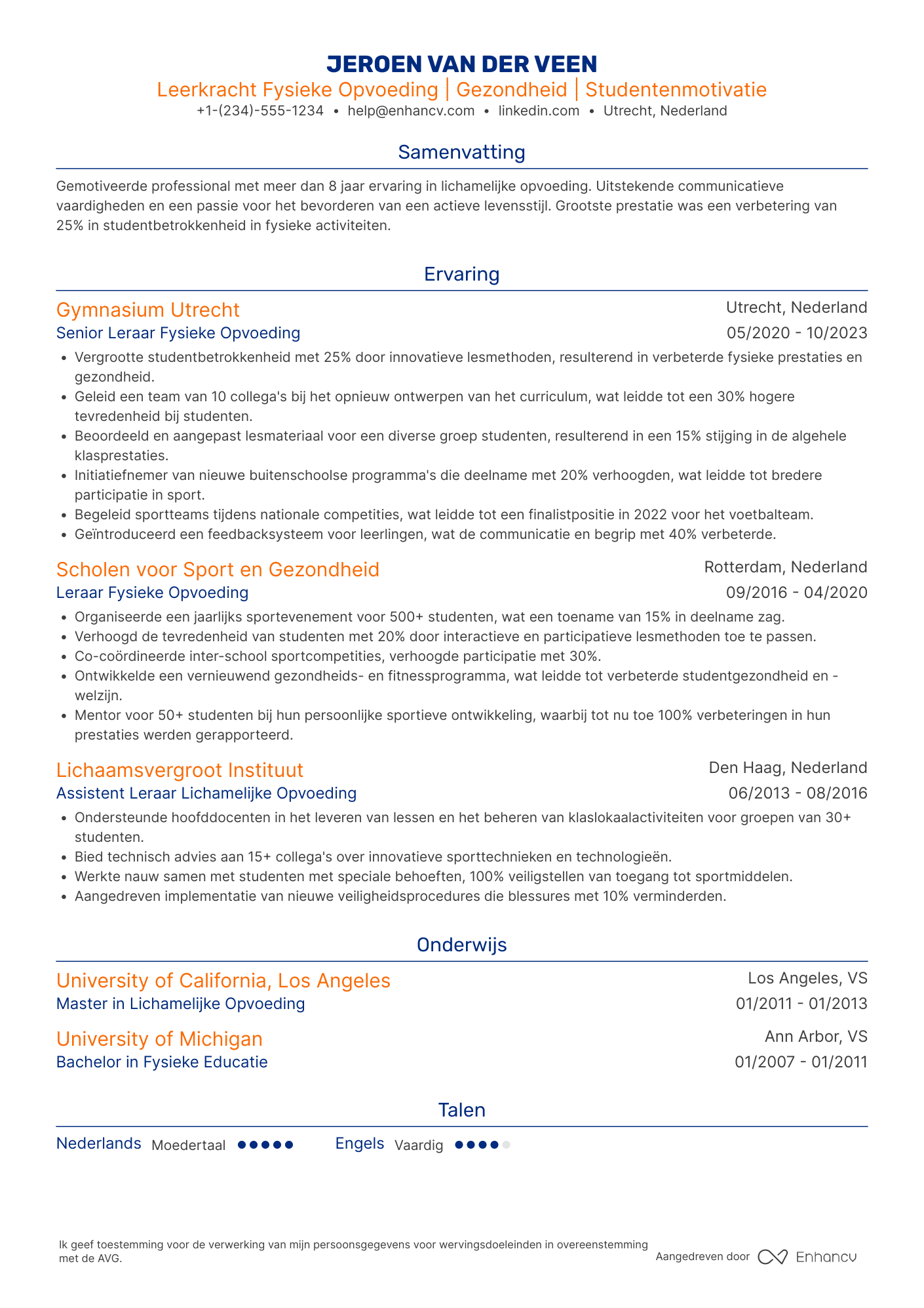 CV voor Leerkracht Fysieke Opvoeding