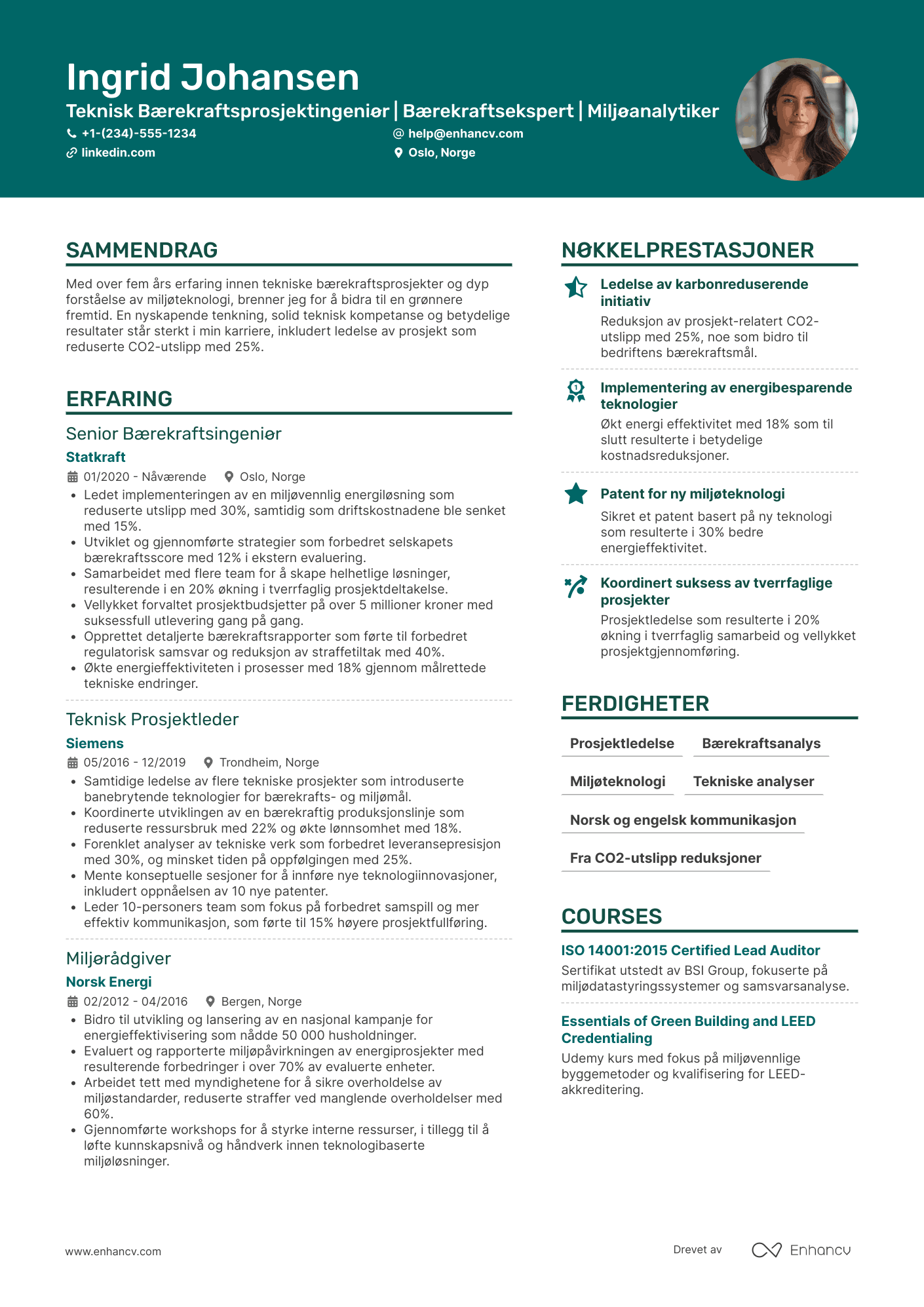 CV for Teknisk Bærekraftsprosjektingeniør