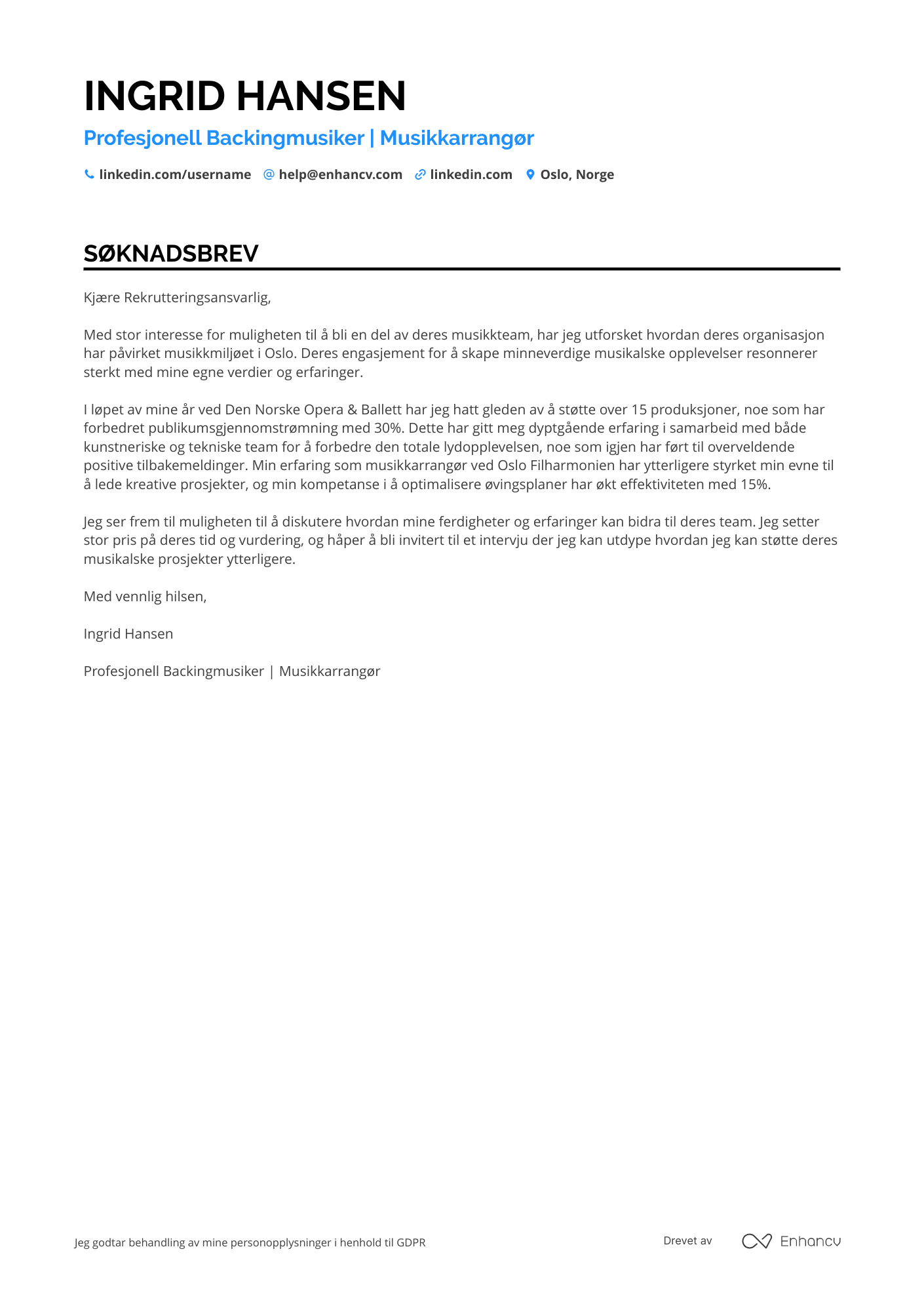 Søknadsbrev for Backingmusiker