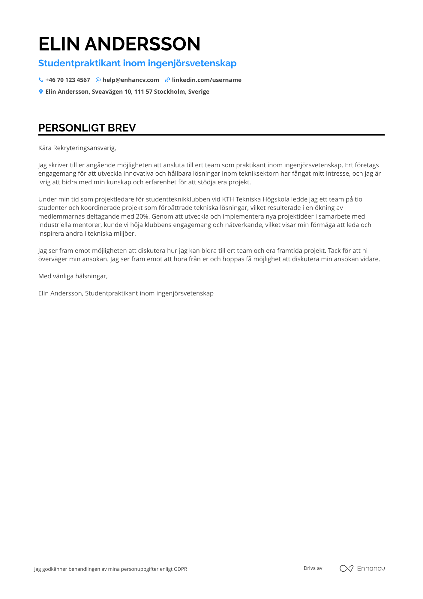 Personligt brev för Student Engineering Intern