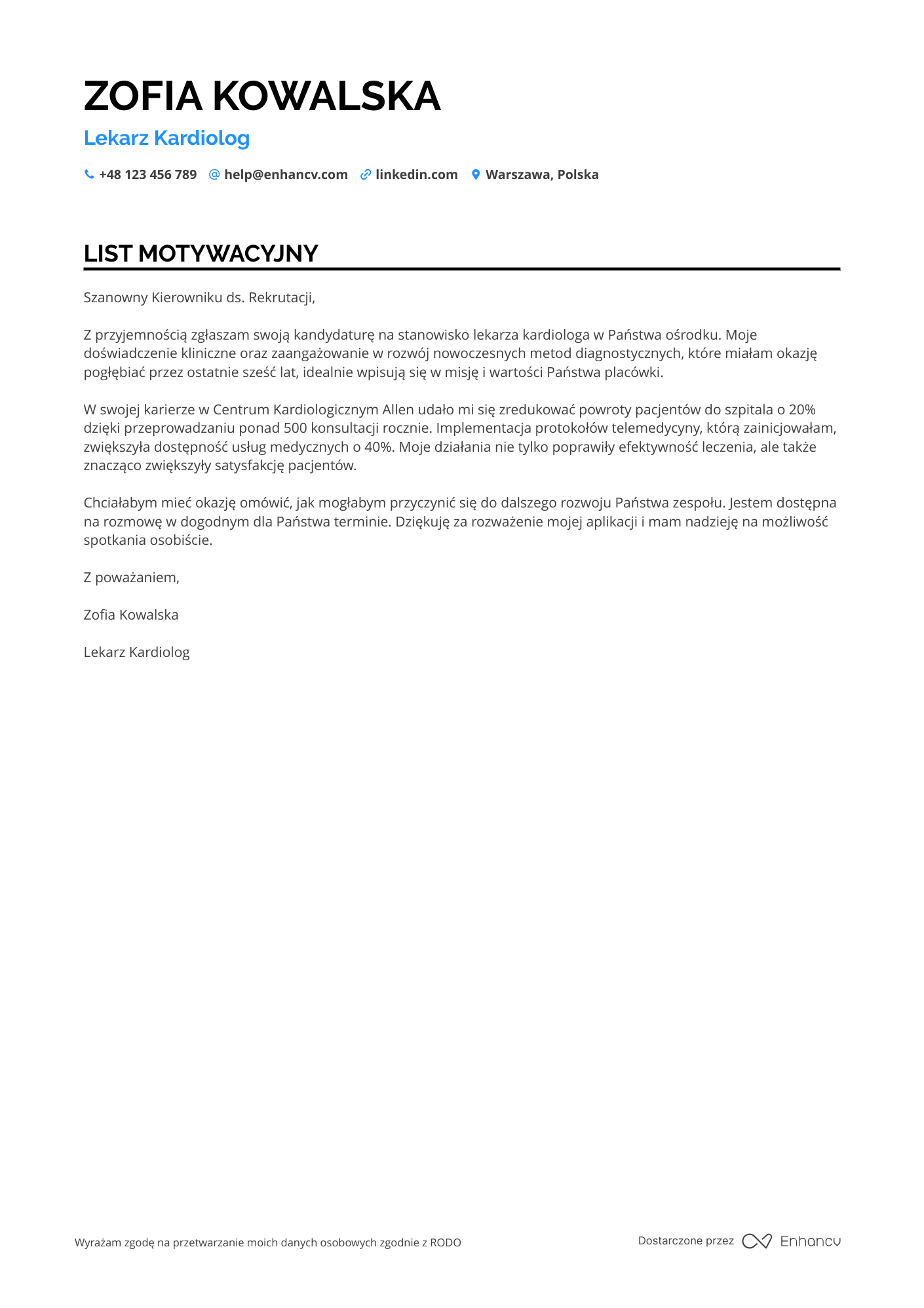 List motywacyjny dla Lekarz Kardiolog