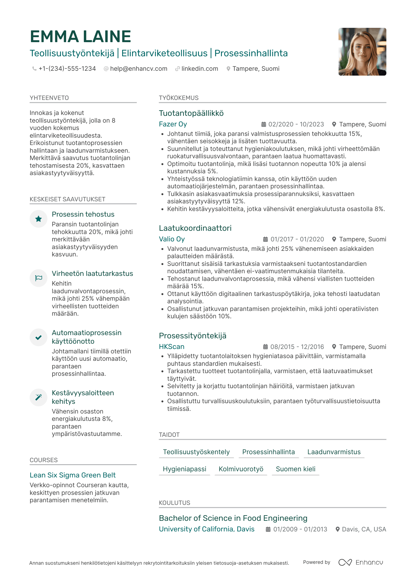 Ansioluettelo Teollisuustyöntekijä Elintarviketeollisuus