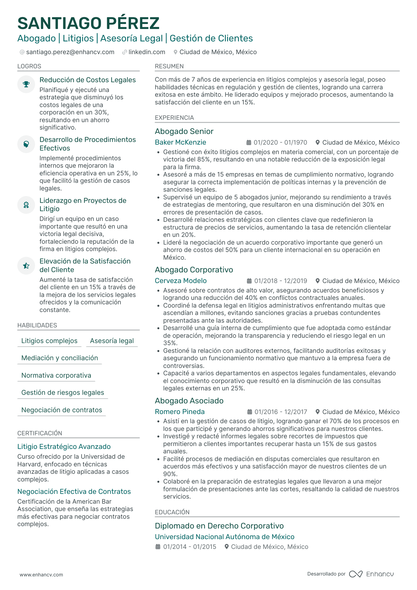 Abogado con Experiencia Ejemplos de CV