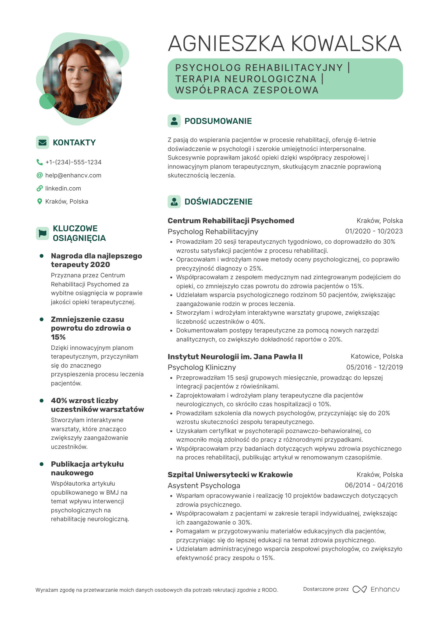 CV dla Psycholog rehabilitacyjny
