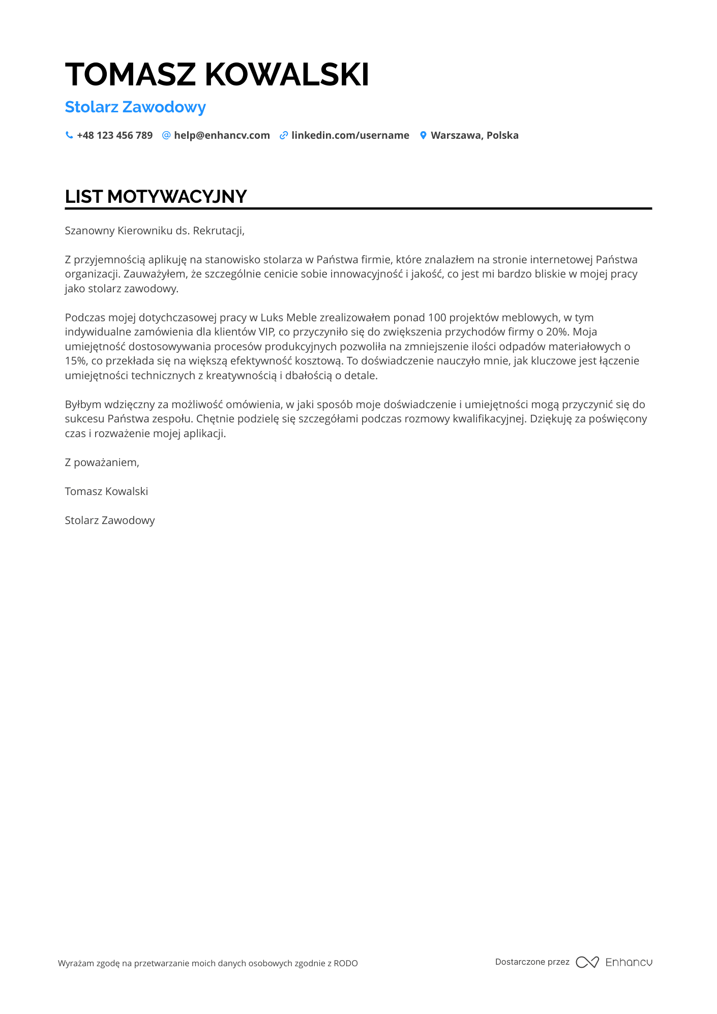 List motywacyjny dla Stolarz Zawodowy