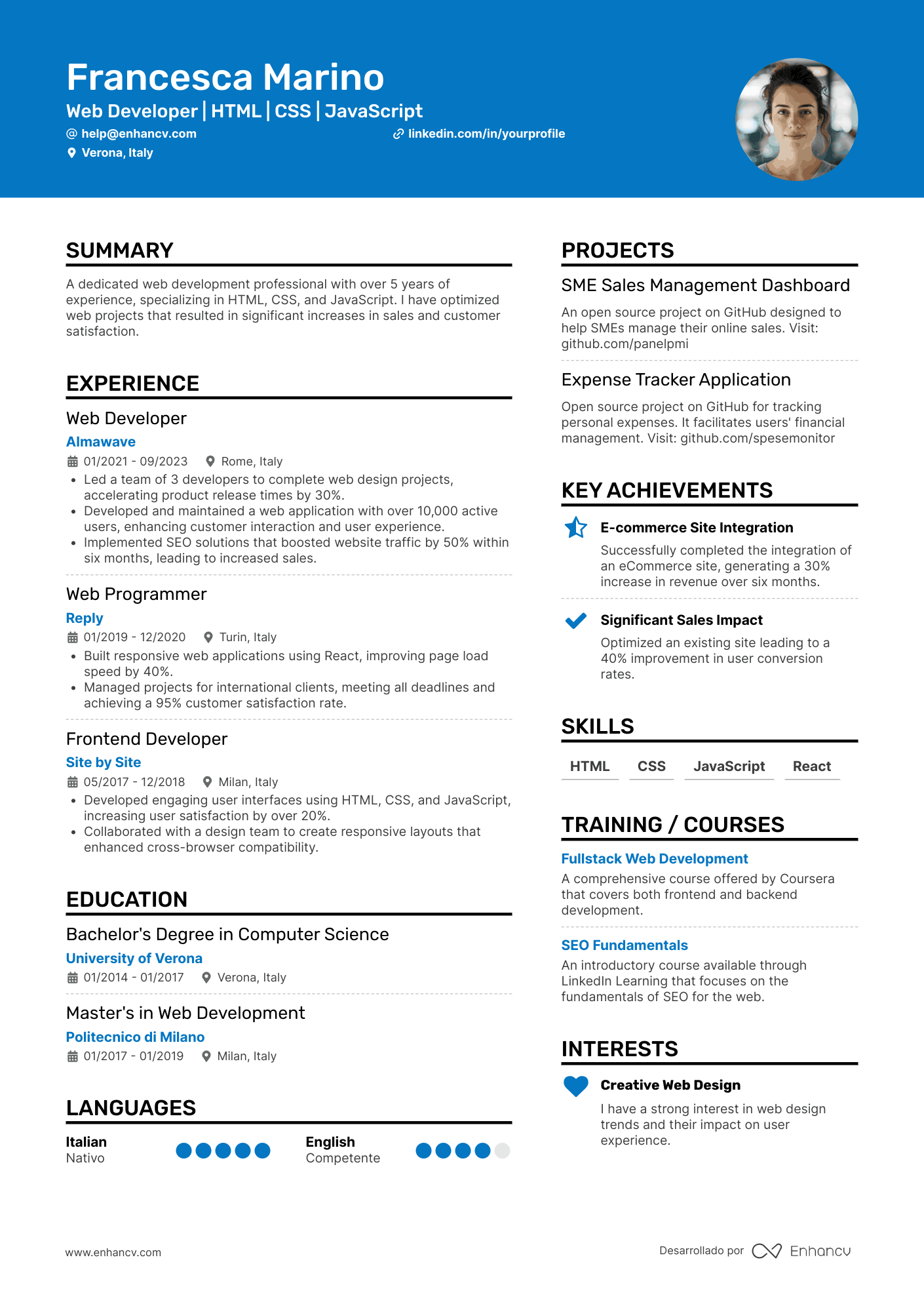 CV web developer in inglese