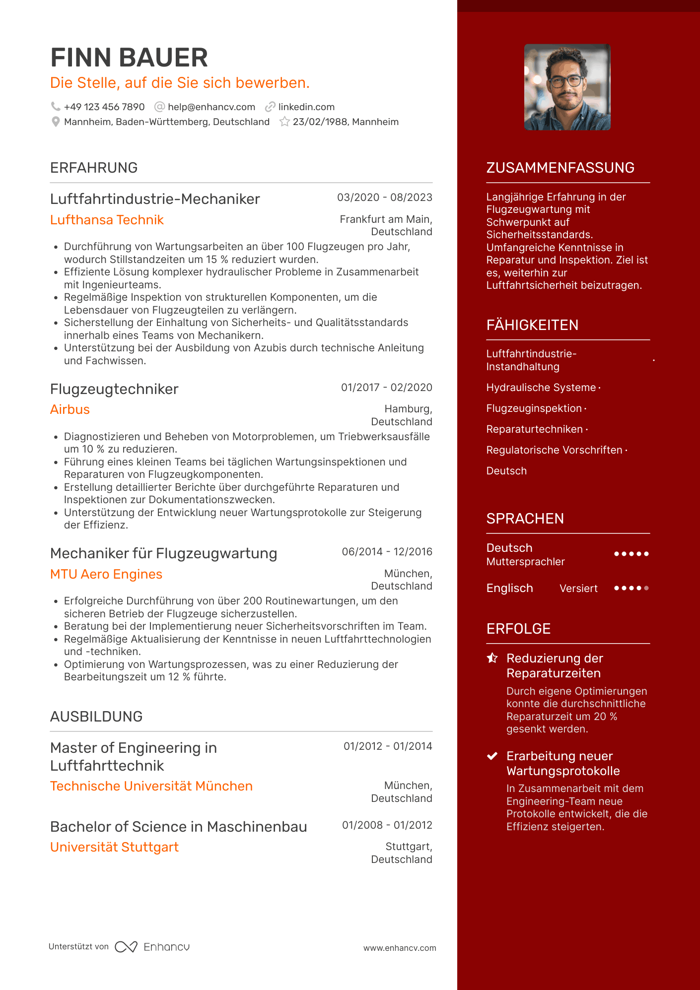 Lebenslauf in Luftfahrtindustrie Mechaniker