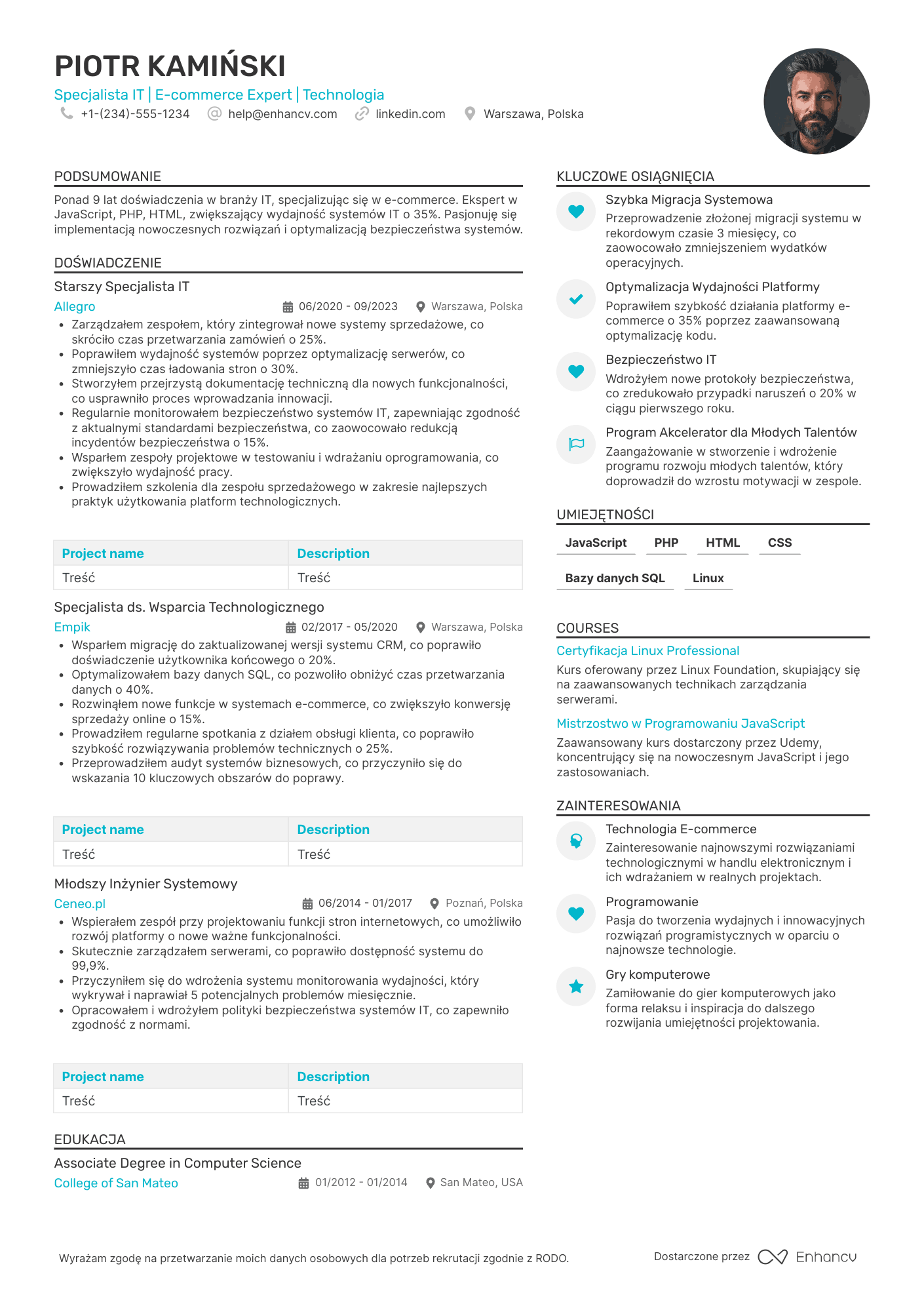 CV dla Specjalista IT w Branży E commerce