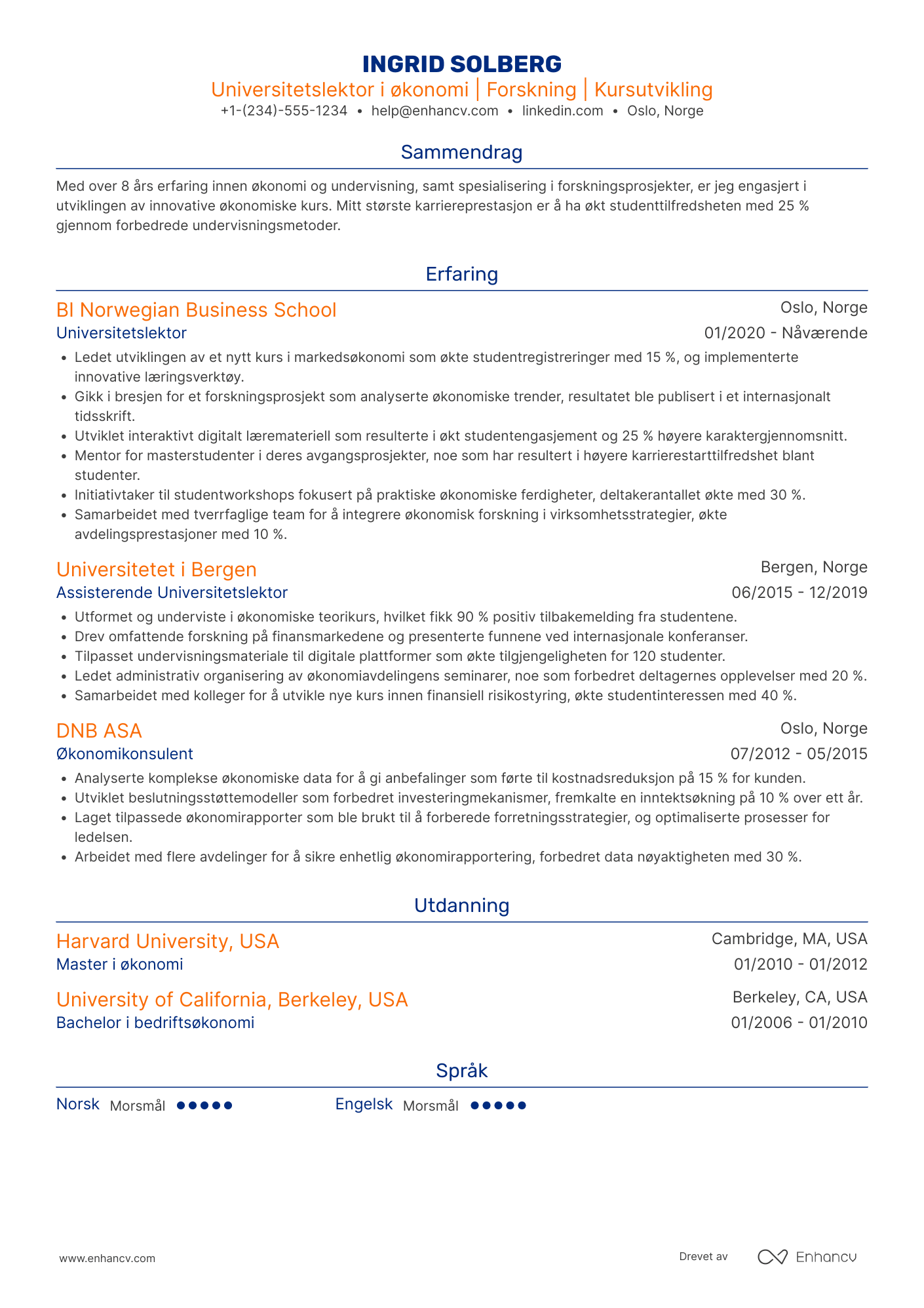 CV for Universitetslektor i økonomi