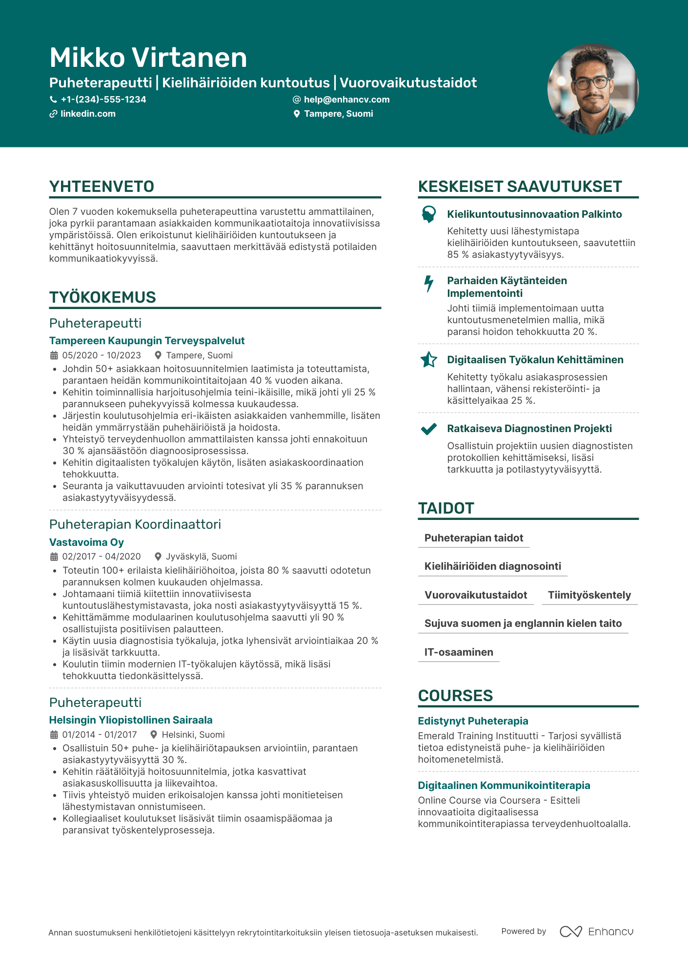 Ansioluettelo Koulutuspuheterapeutti