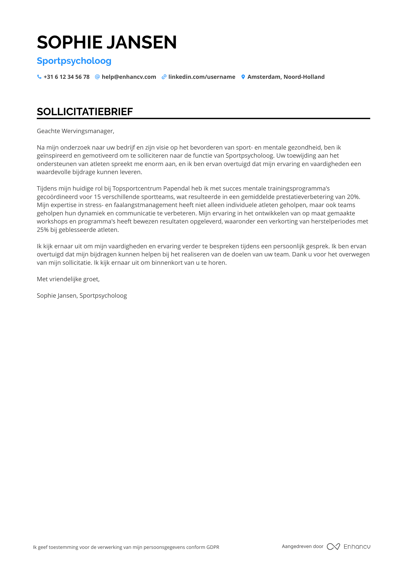 Sollicitatiebrief voor Sportpsycholoog