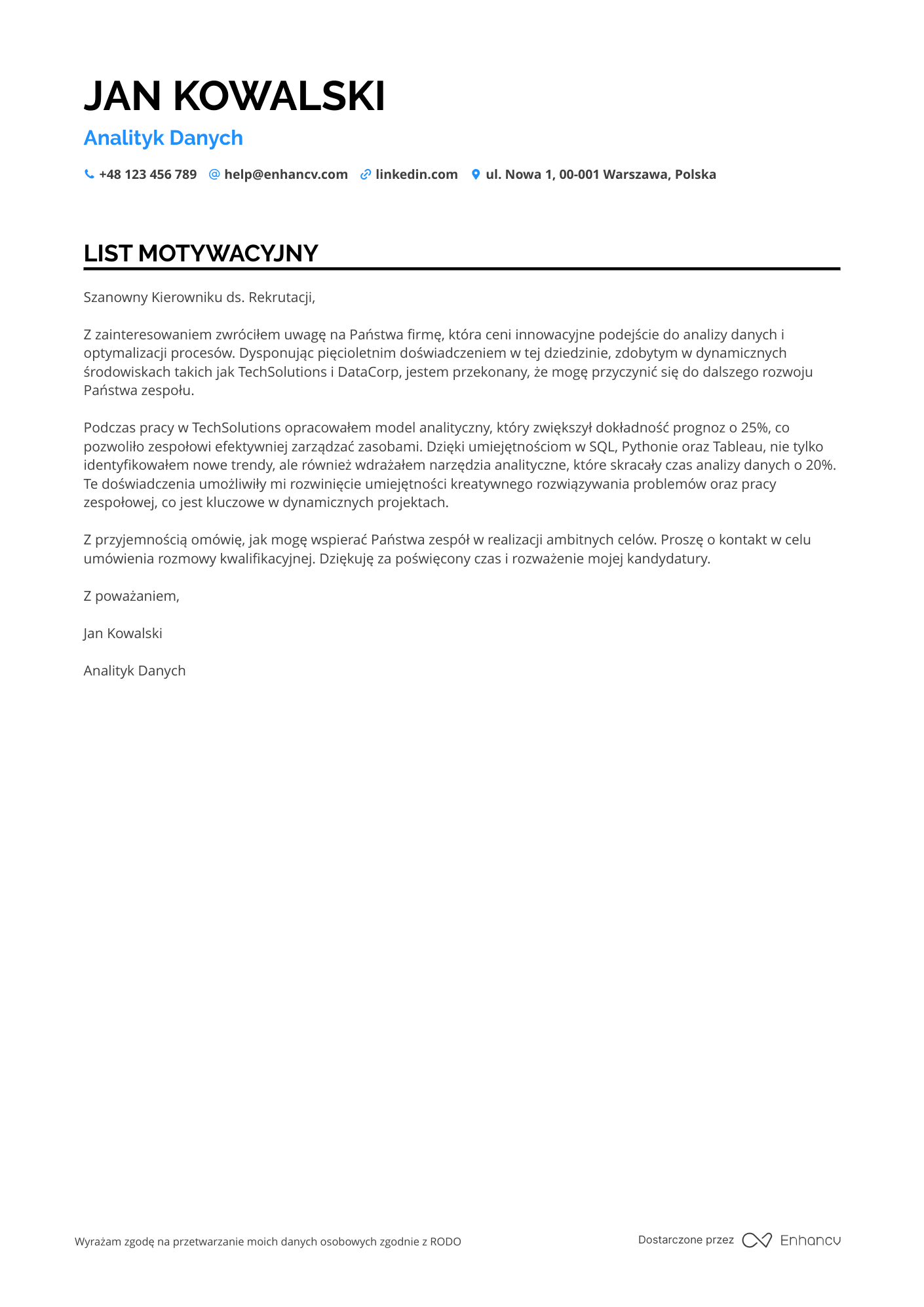 List motywacyjny dla Analityk Danych w Technologii
