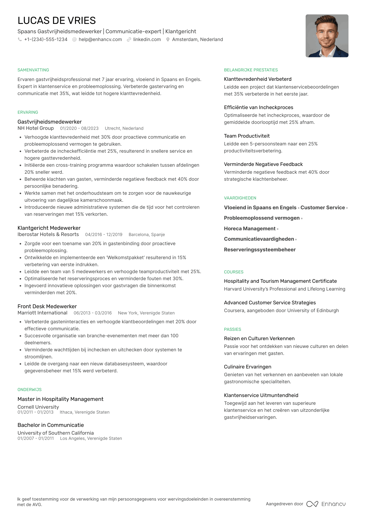 CV voor Spaans Gastvrijheidsmedewerker