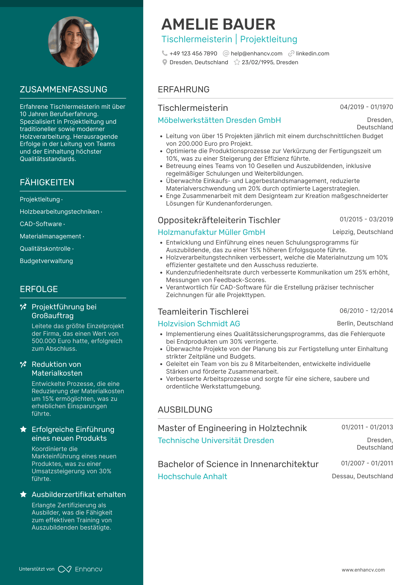 Lebenslauf als Erfahrener Tischlermeister
