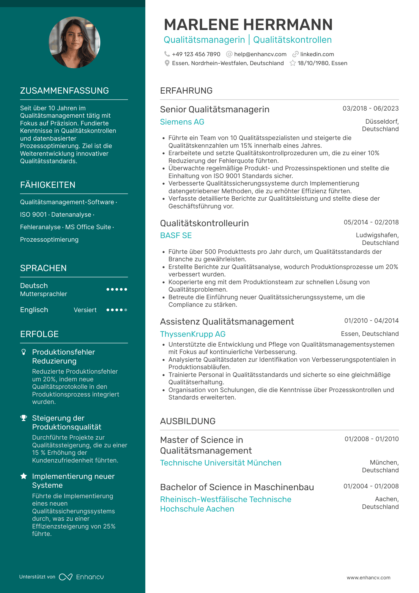 Lebenslauf als Prüfer für Qualitätsmanagement