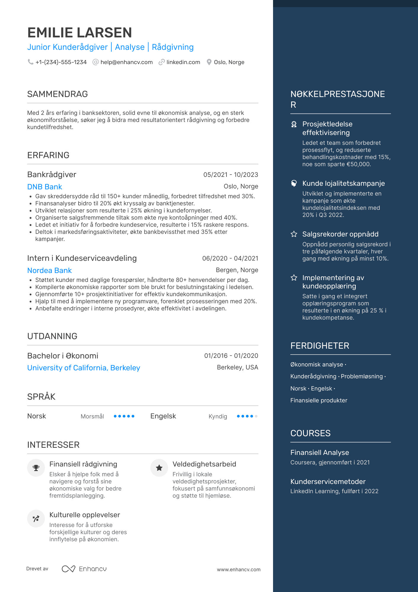 CV for Junior Kunderådgiver i Bank