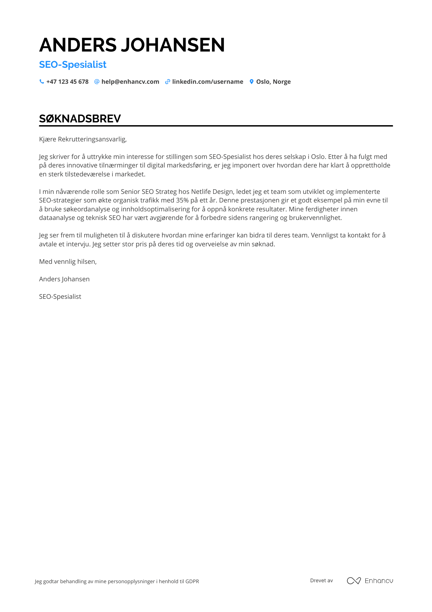 Søknadsbrev for SEO Spesialist Måleder