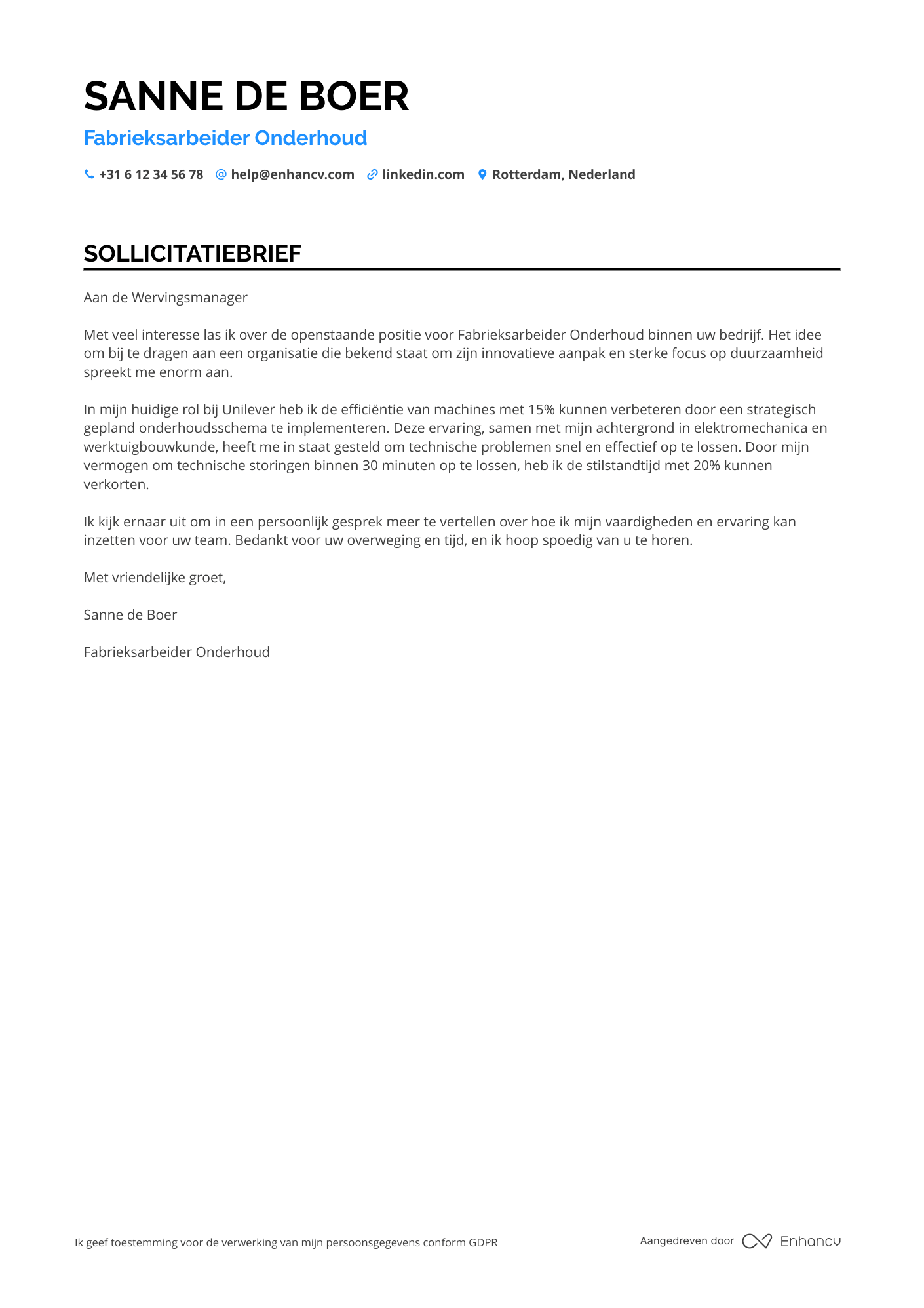 Sollicitatiebrief voor Fabrieksarbeider Onderhoud