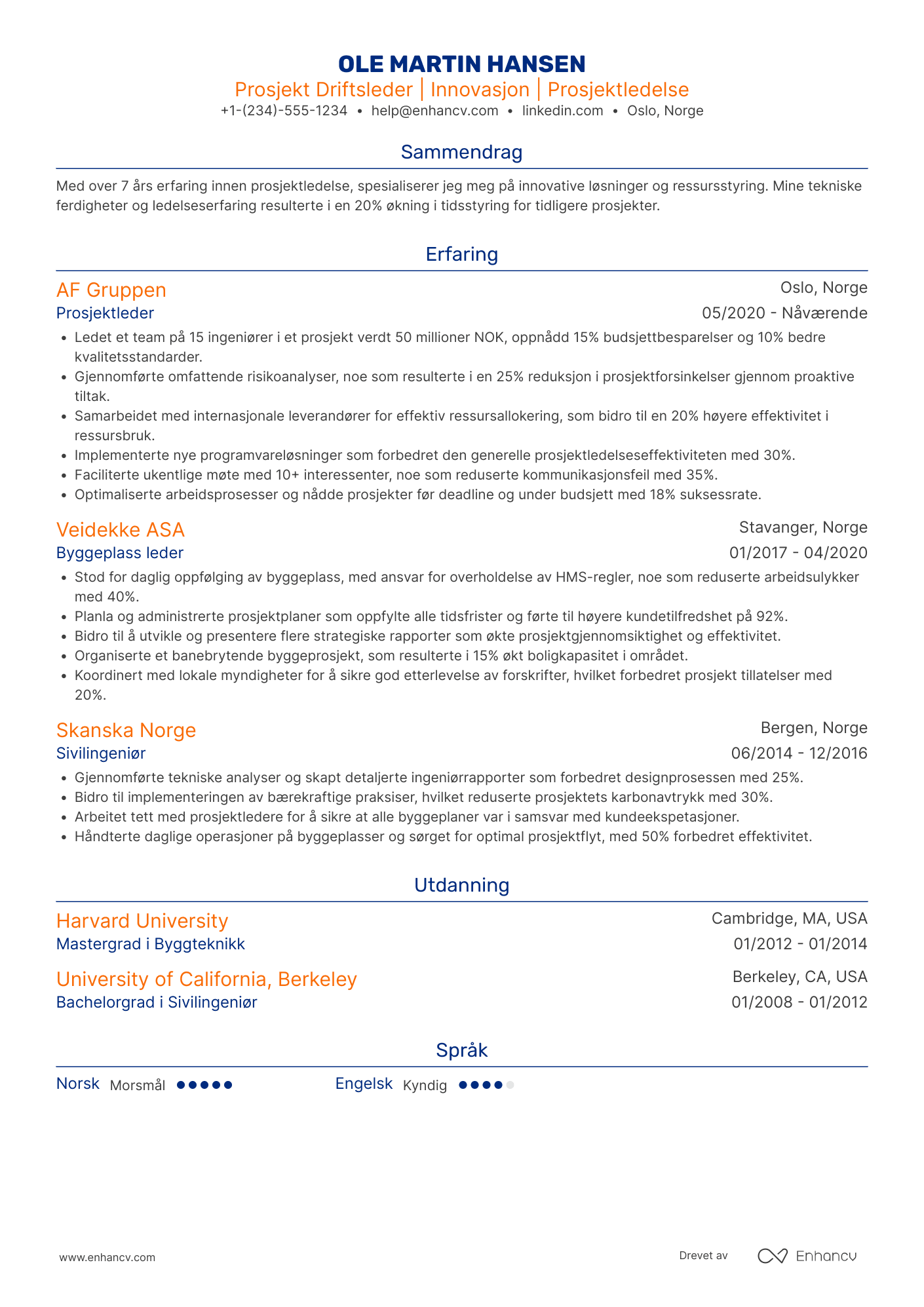 CV for Prosjekt Driftsleder