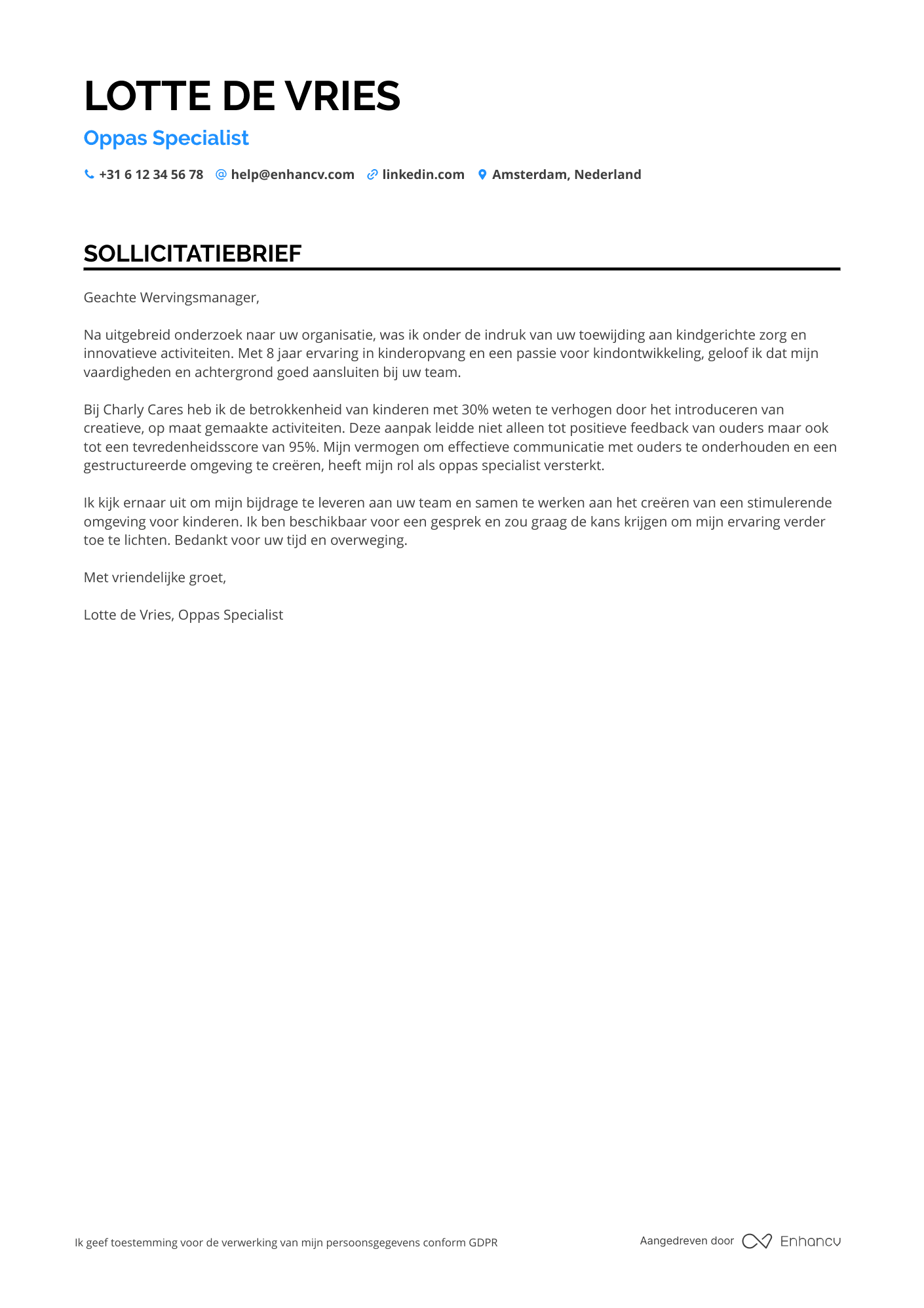 Sollicitatiebrief voor Oppas Specialist