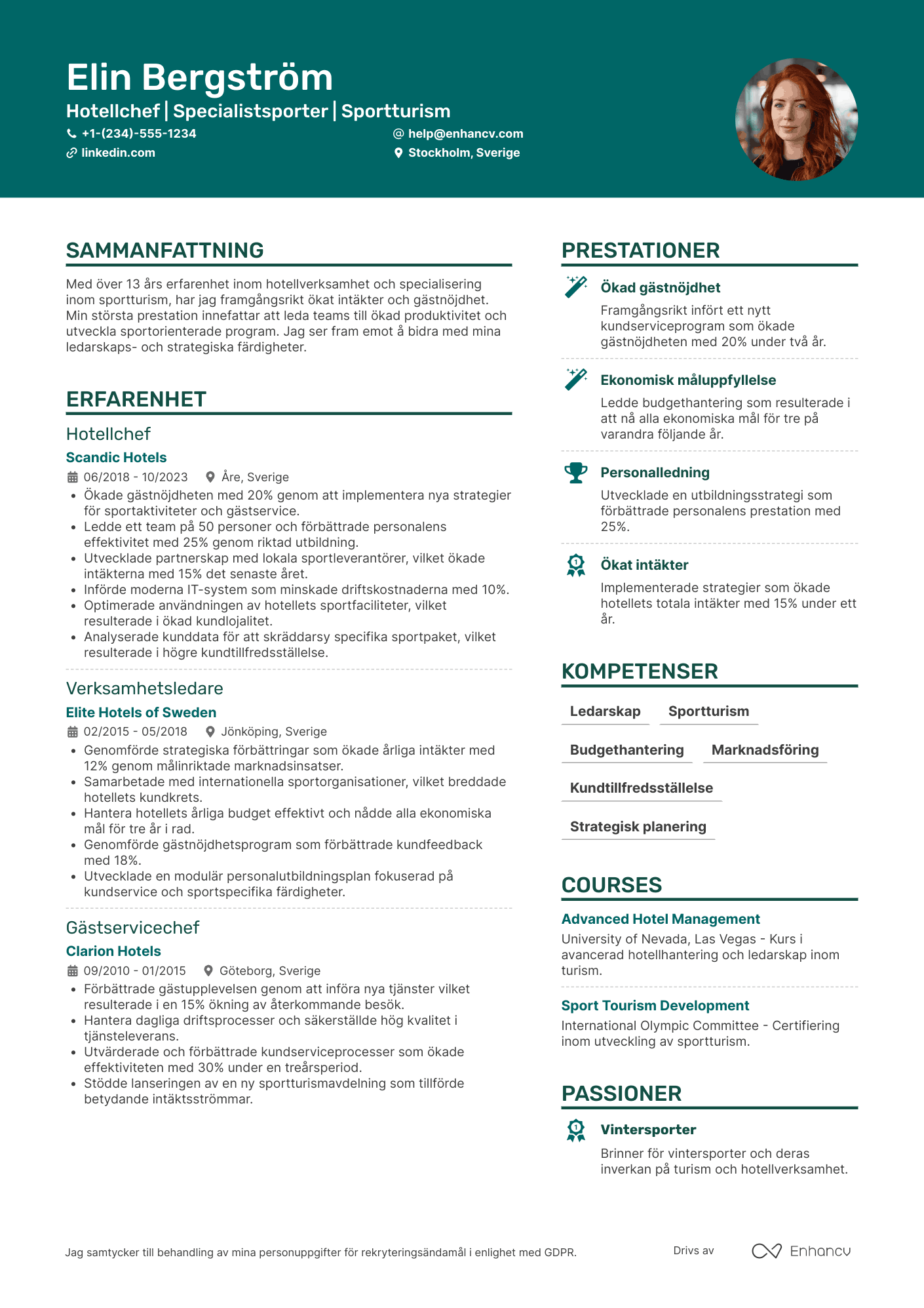 CV för Hotellchef specialistsporter