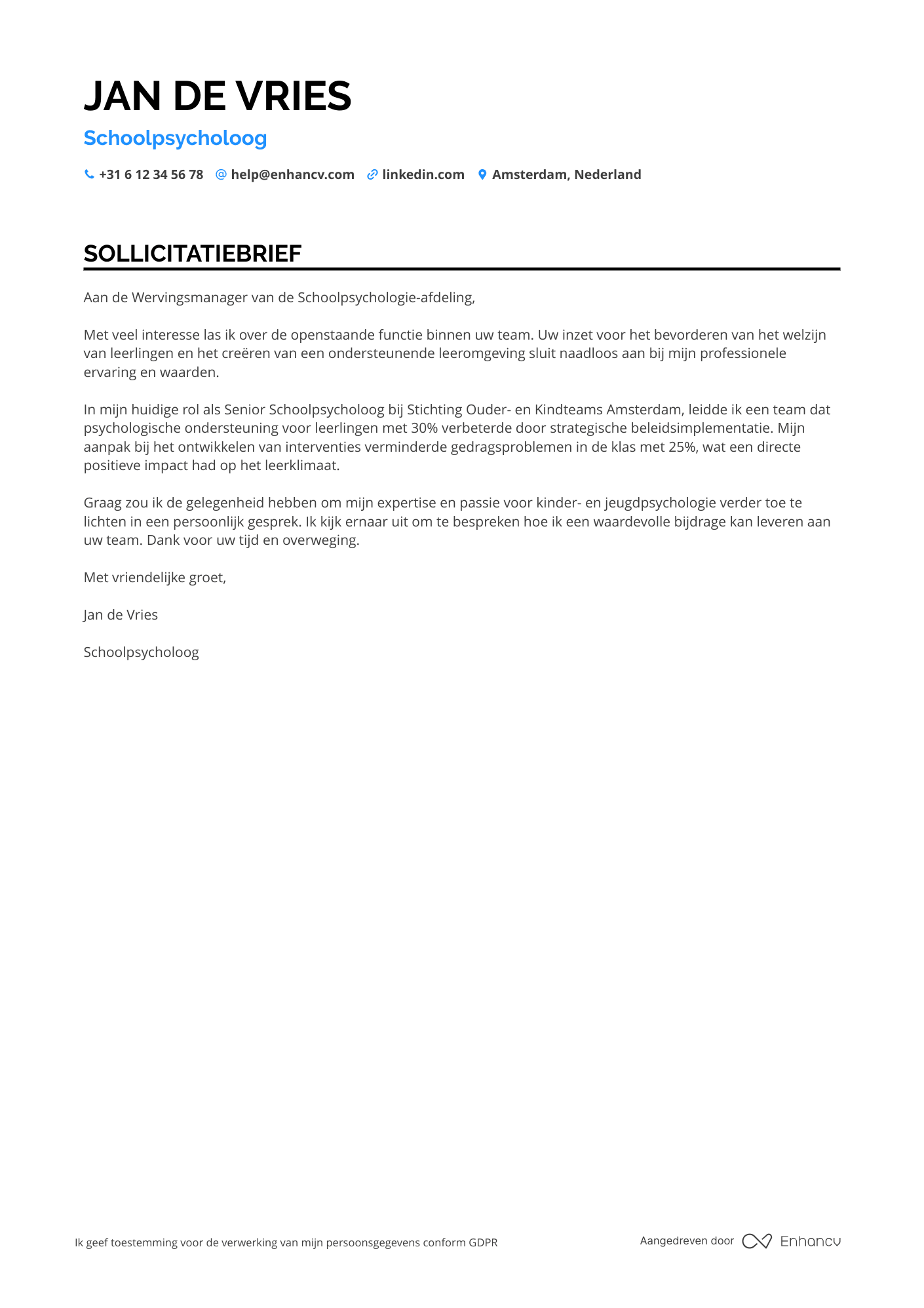 Sollicitatiebrief voor Schoolpsycholoog