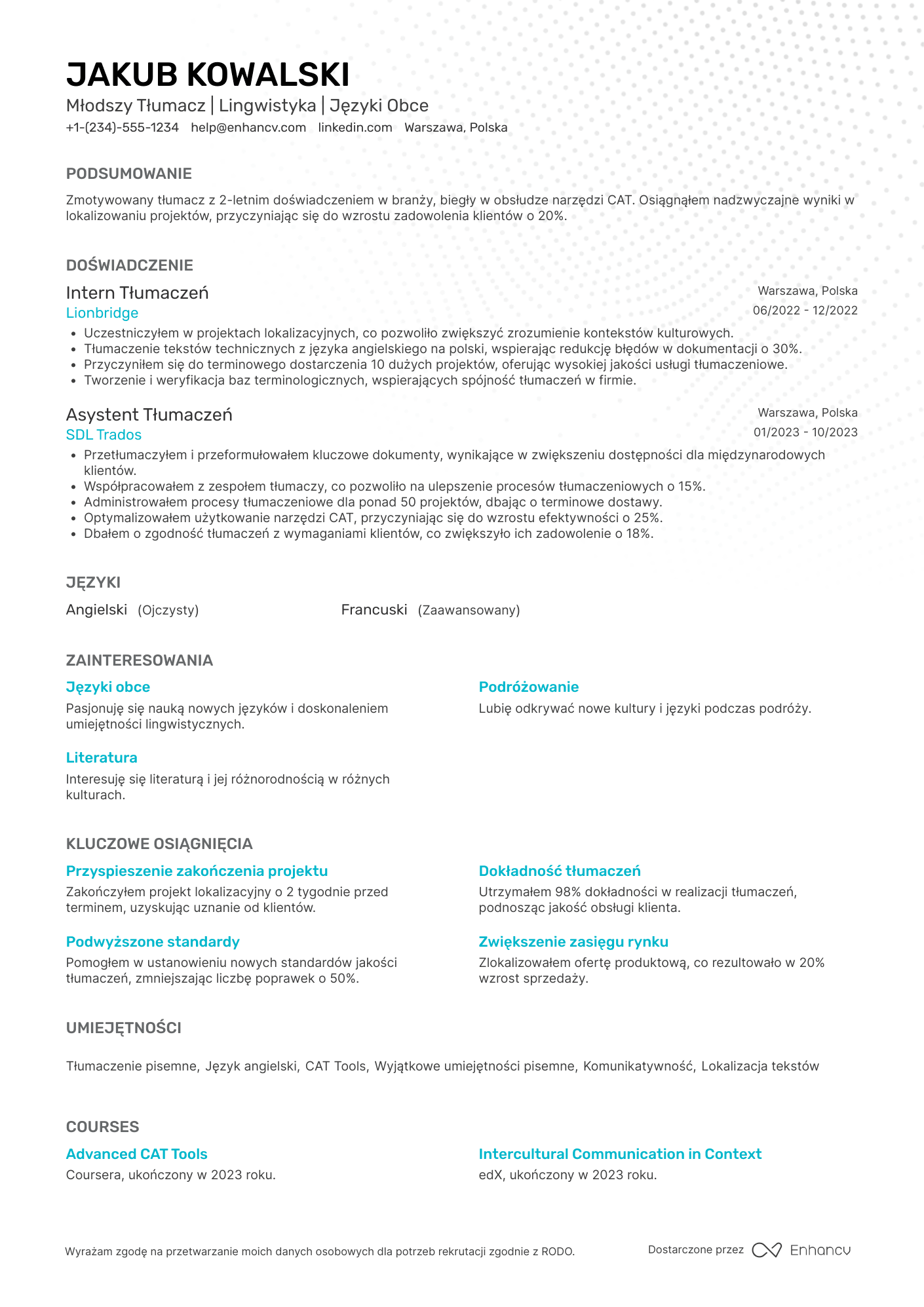 CV dla Młodszy Tłumacz