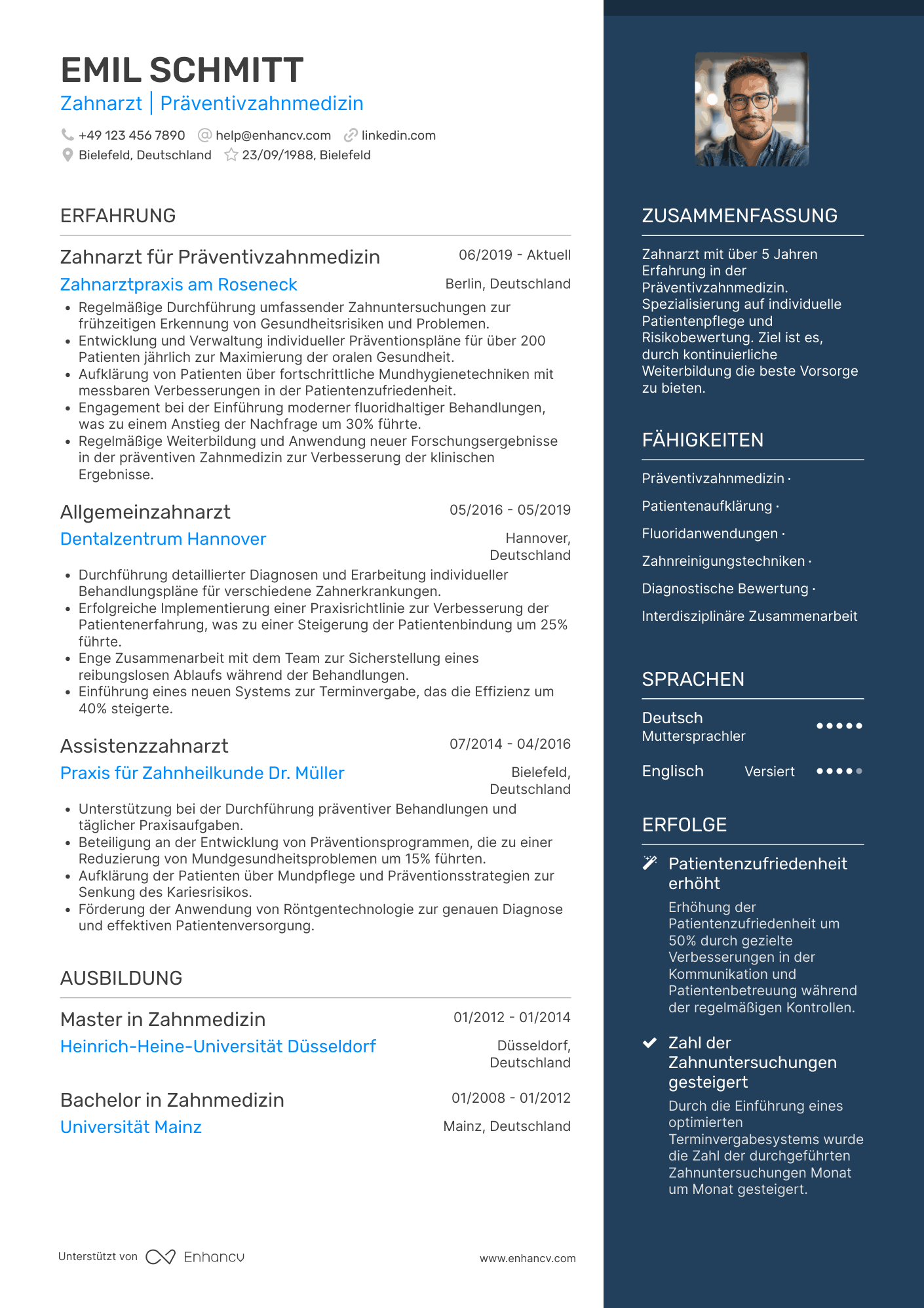 Lebenslauf als Zahnarzt für Präventivzahnmedizin