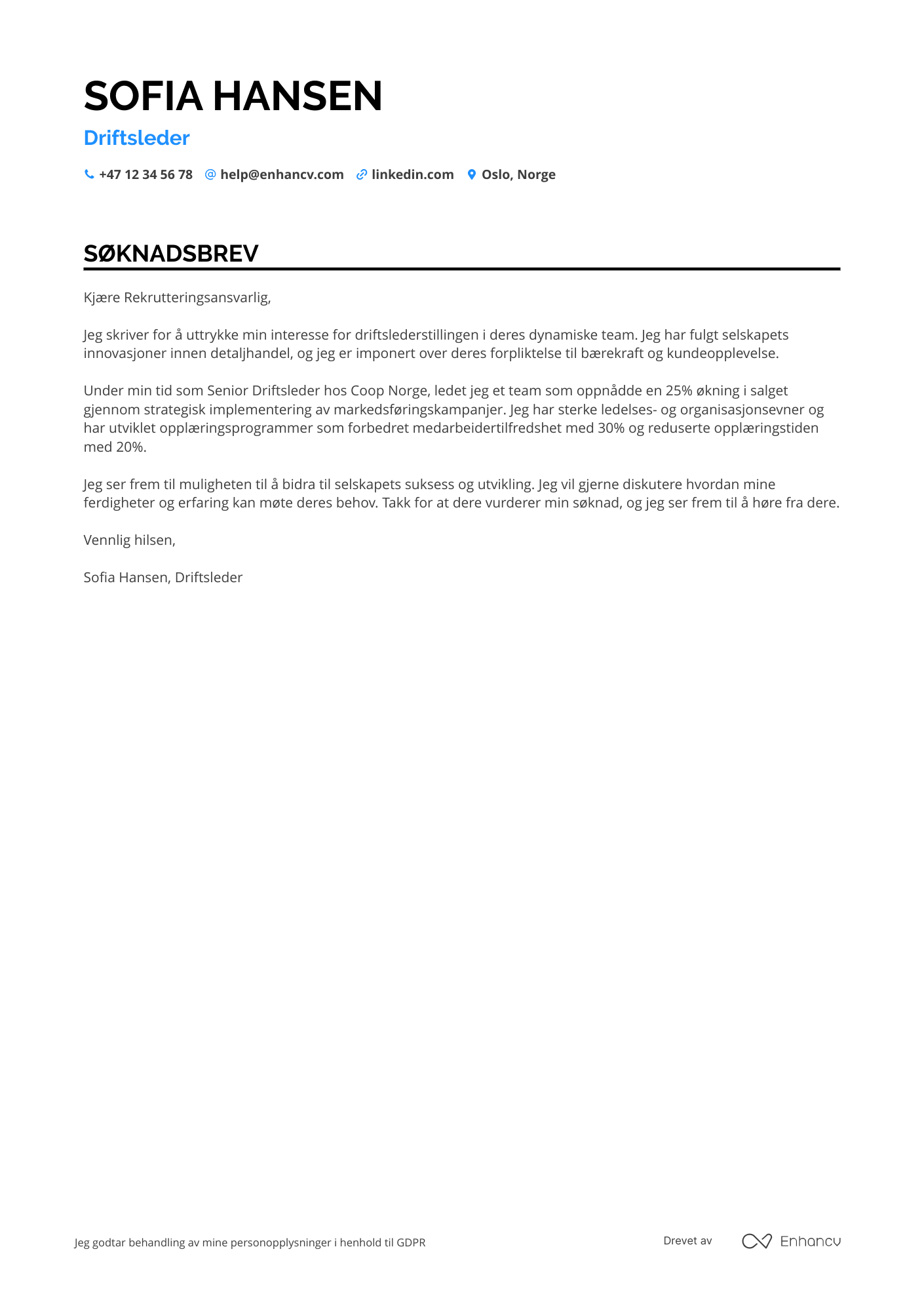 Søknadsbrev for Store Driftsleder