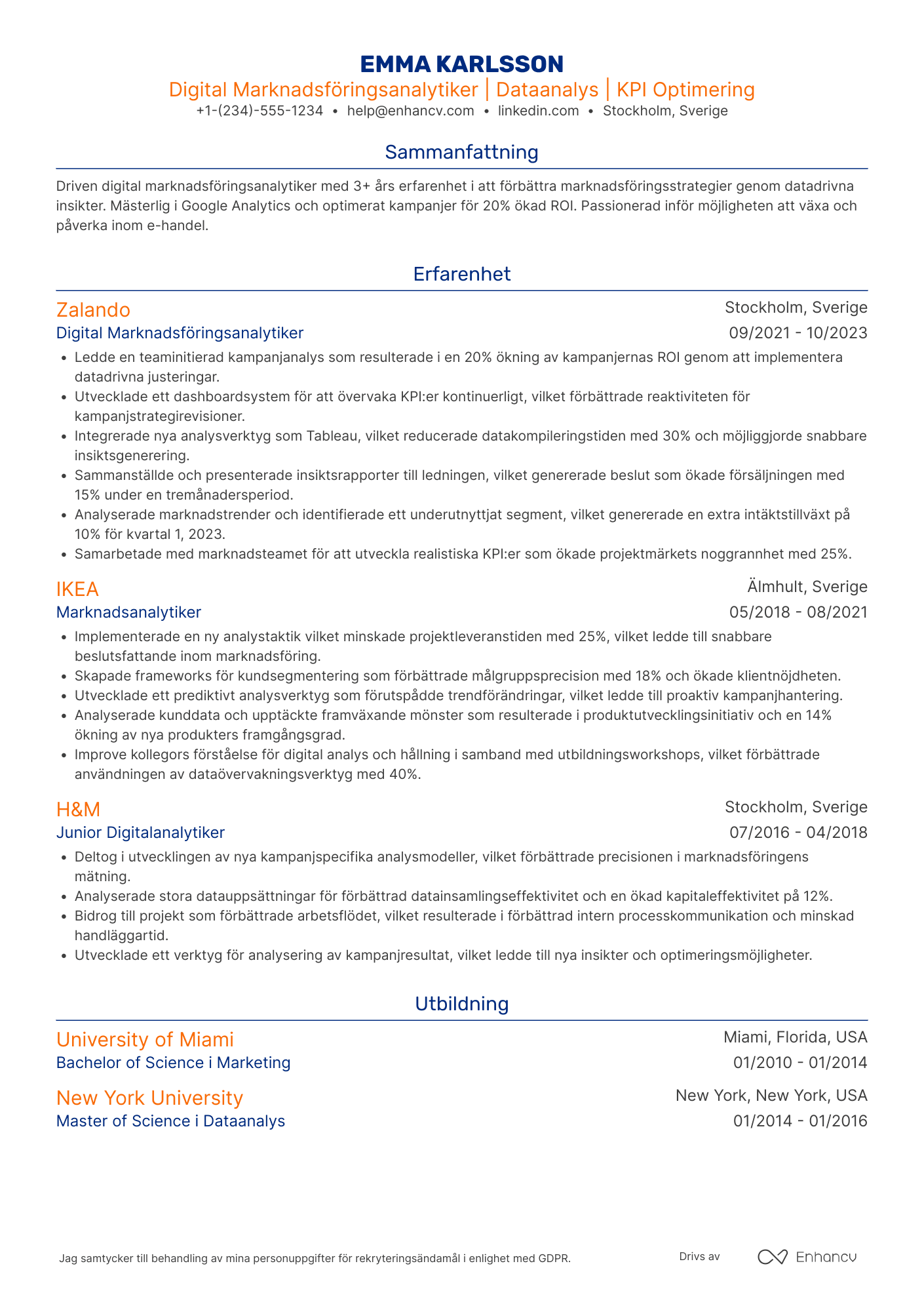 CV för Digital Marknadsföringsanalytiker