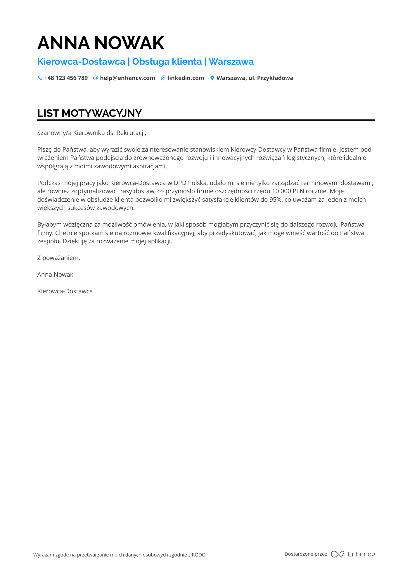 List motywacyjny dla Kierowca dostawca