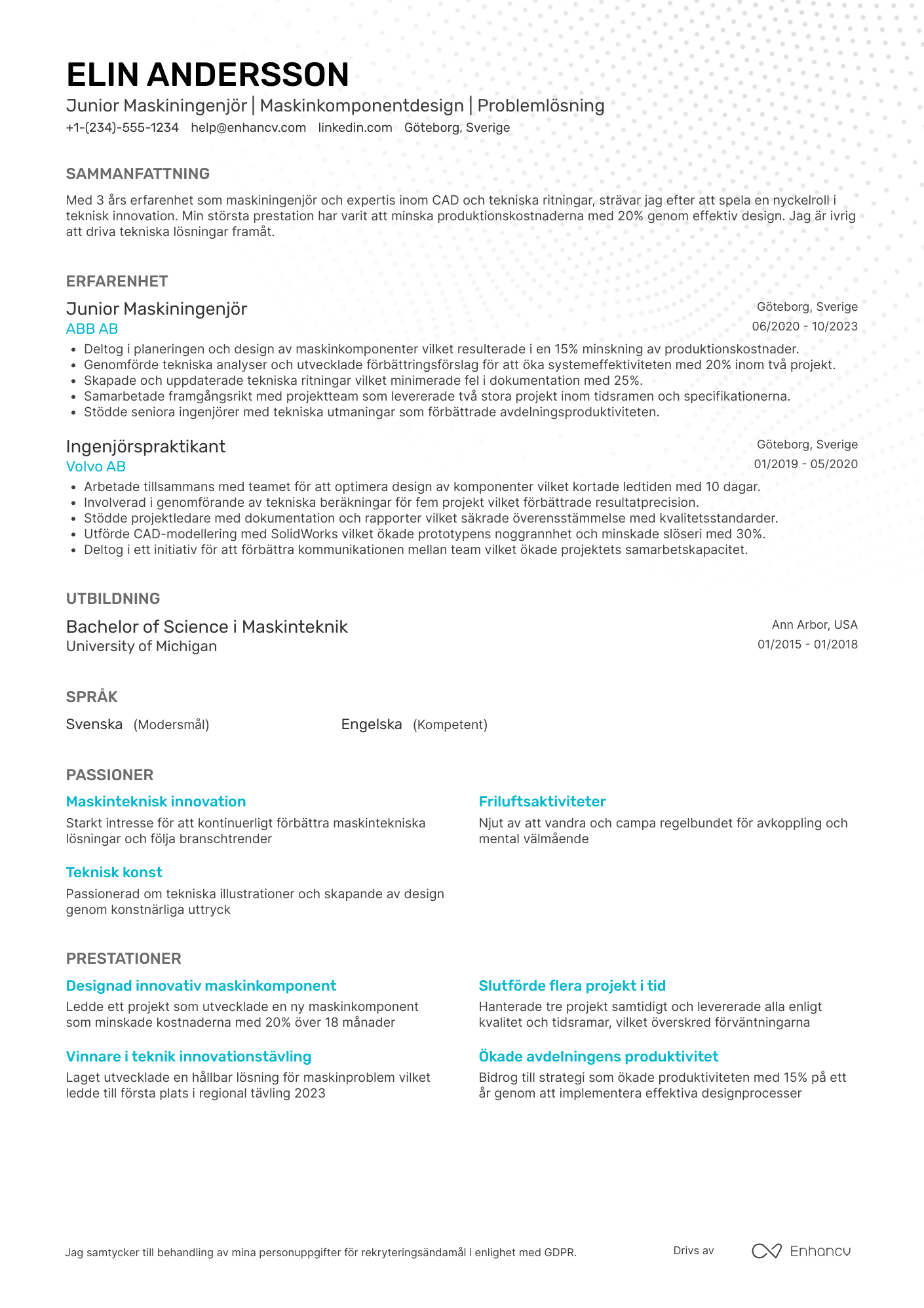 CV för Junior Maskiningenjör