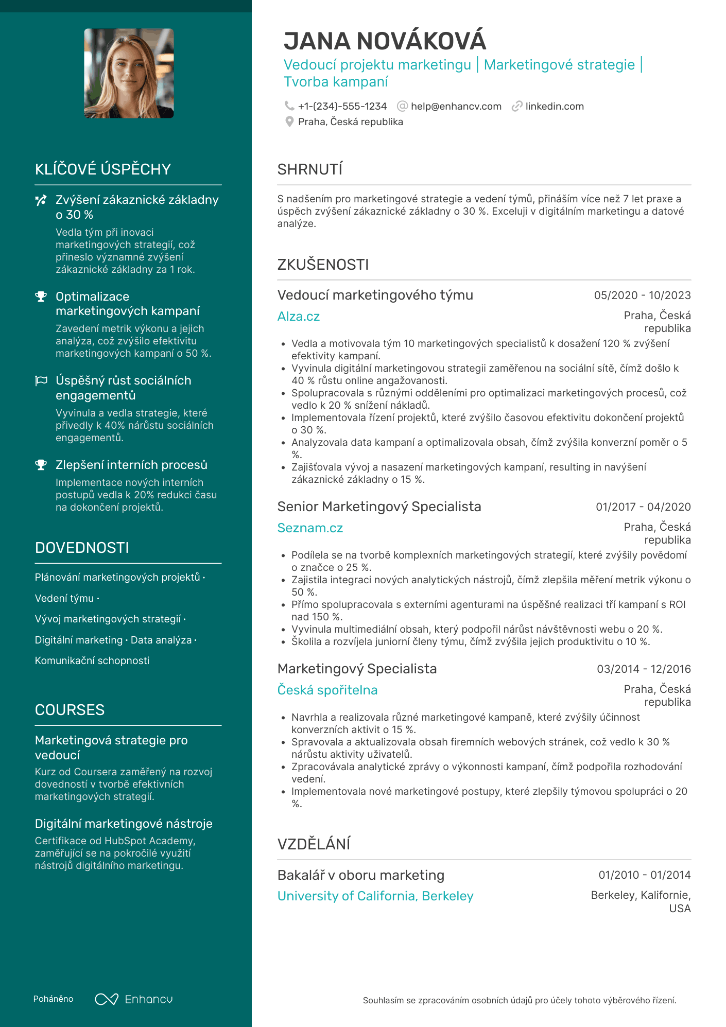 Životopis pro Vedoucí projektu marketingu