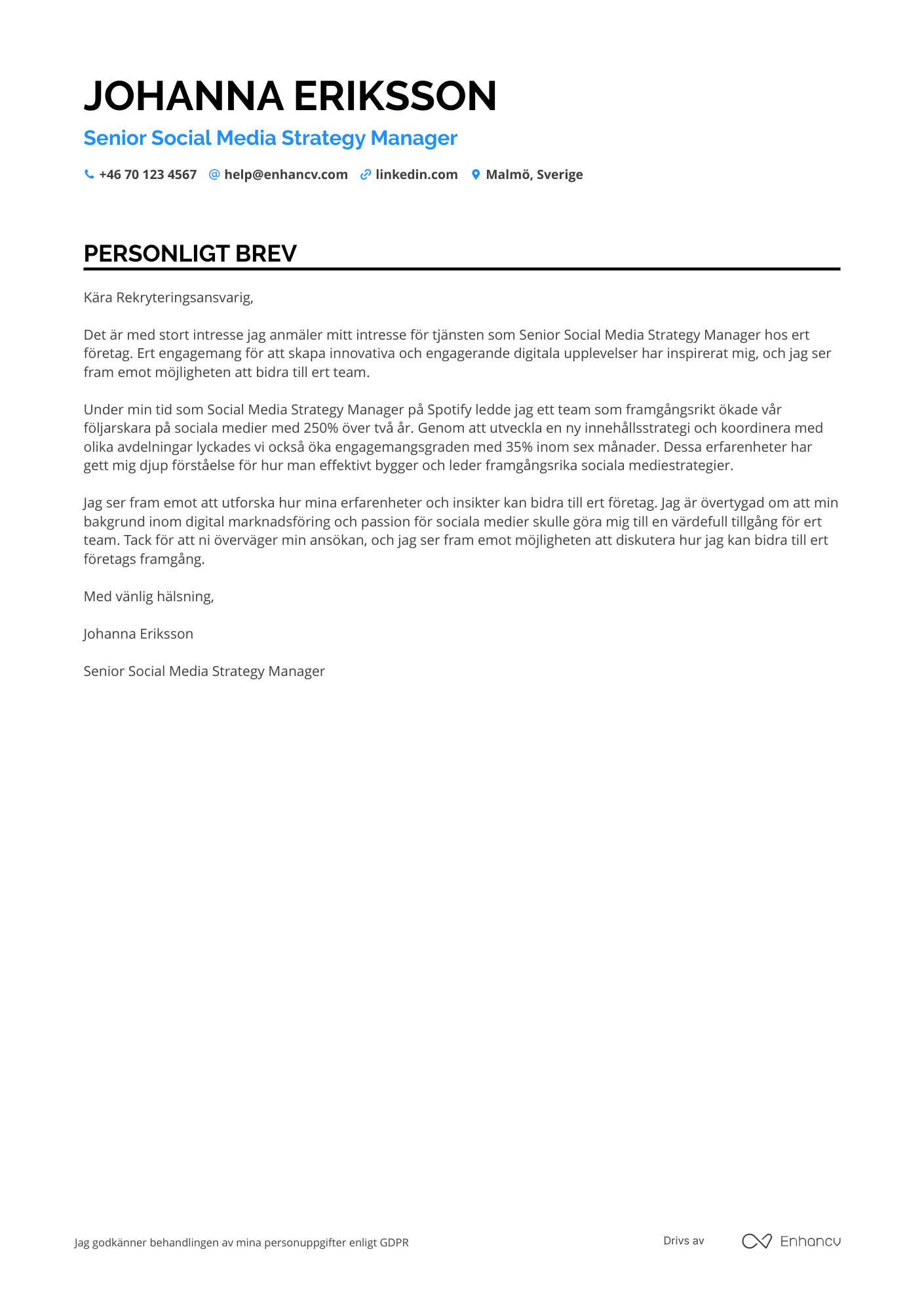 Personligt brev för Senior Social Media Strategy Manager