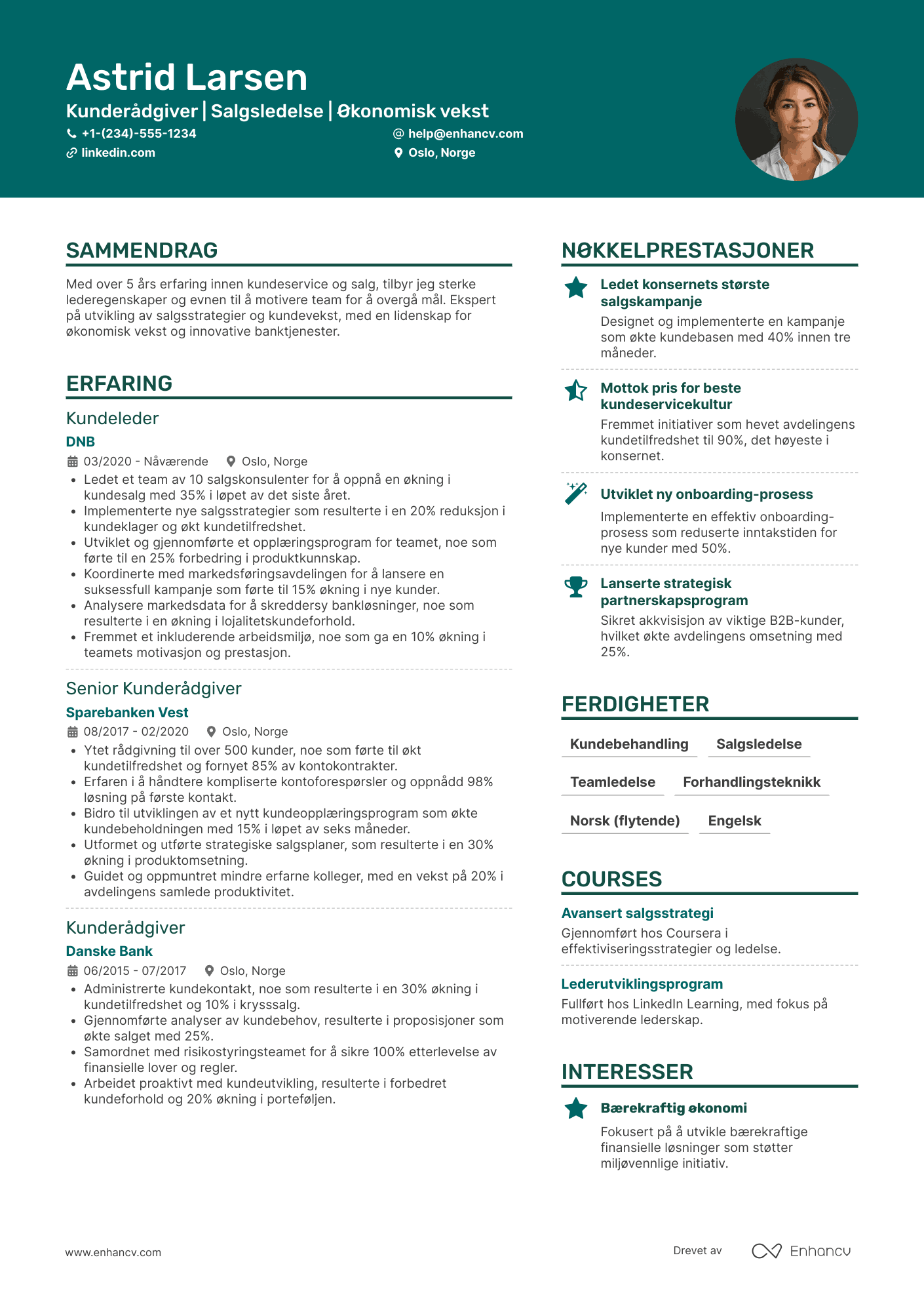 CV for Kunderådgiver og Salgsleder i Bank