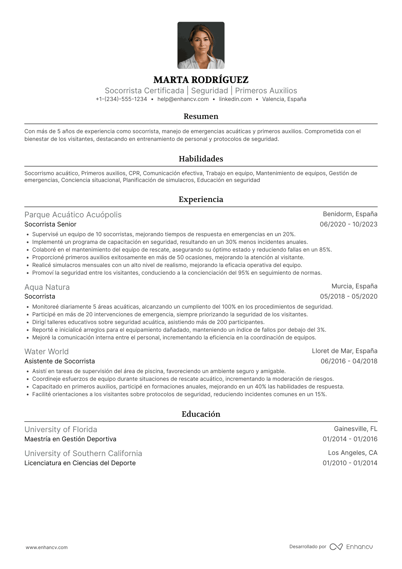 Ejemplo de currículum para socorrista en parques acuáticos
