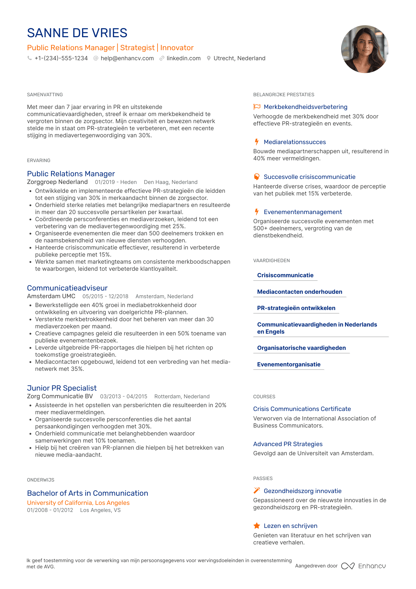 CV voor Public Relations Manager in Healthcare