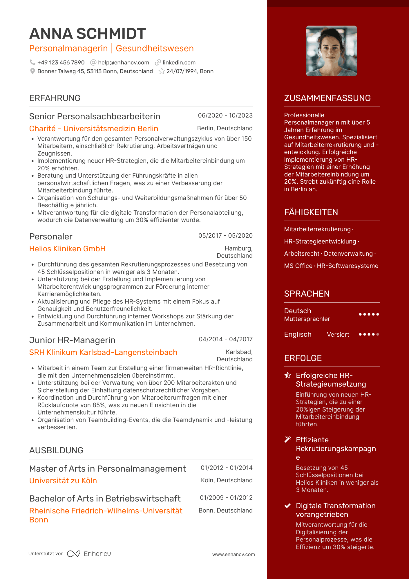 Lebenslauf in Personaler in der Gesundheitsbranche