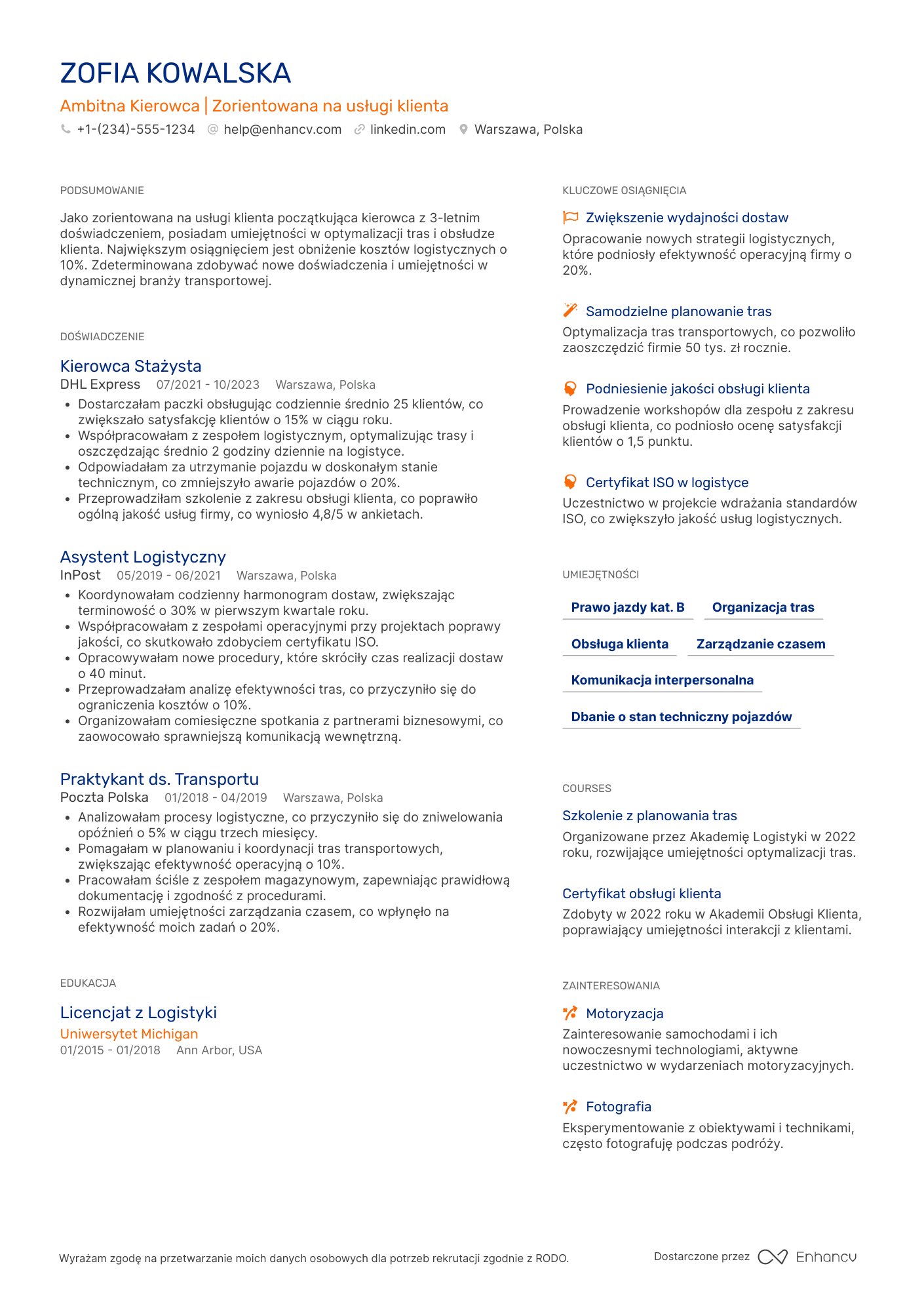 CV dla Kierowca początkujący